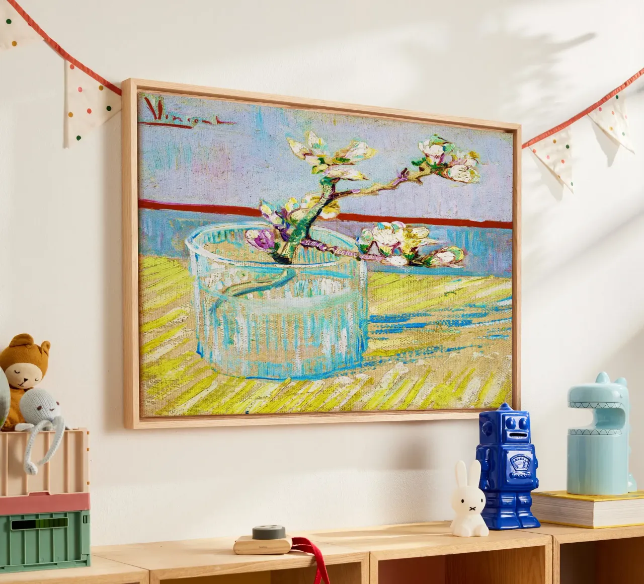 Vincent van Gogh - Rametto di mandorlo fiorito in un bicchiere tela con Cornice a cassetta da Venus Art