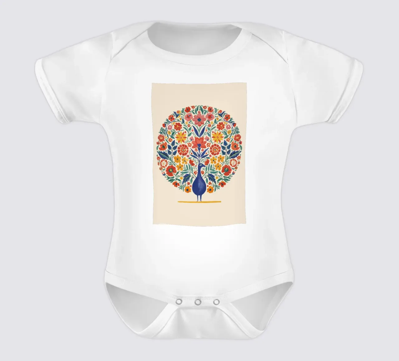 Peacock in a floral circle - Symmetrical wall art in boho style short-sleeve baby romper by Studio Sori