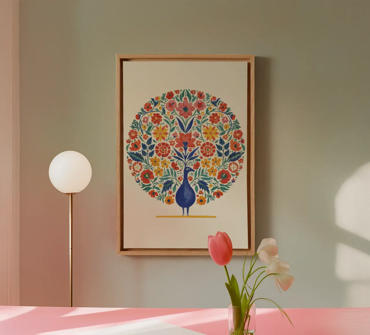 Pavone in cerchio floreale - Arte murale simmetrica in stile boho tela con Cornice a cassetta da Studio Sori