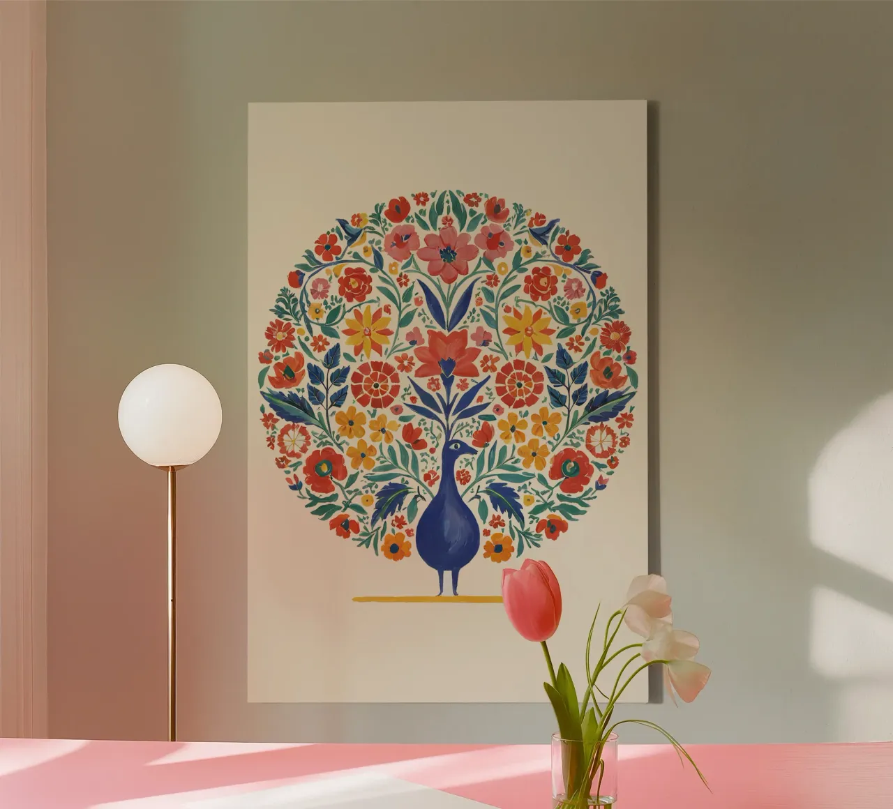 Pavone in cerchio floreale - Arte murale simmetrica in stile boho tela con Cornice a cassetta da Studio Sori