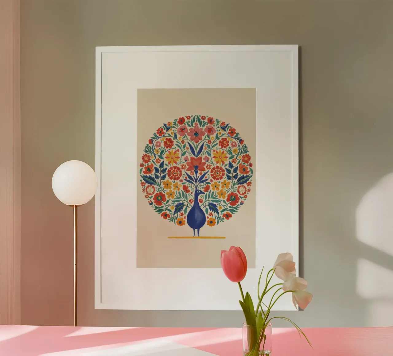 Pavone in cerchio floreale - Arte murale simmetrica in stile boho poster da Studio Sori
