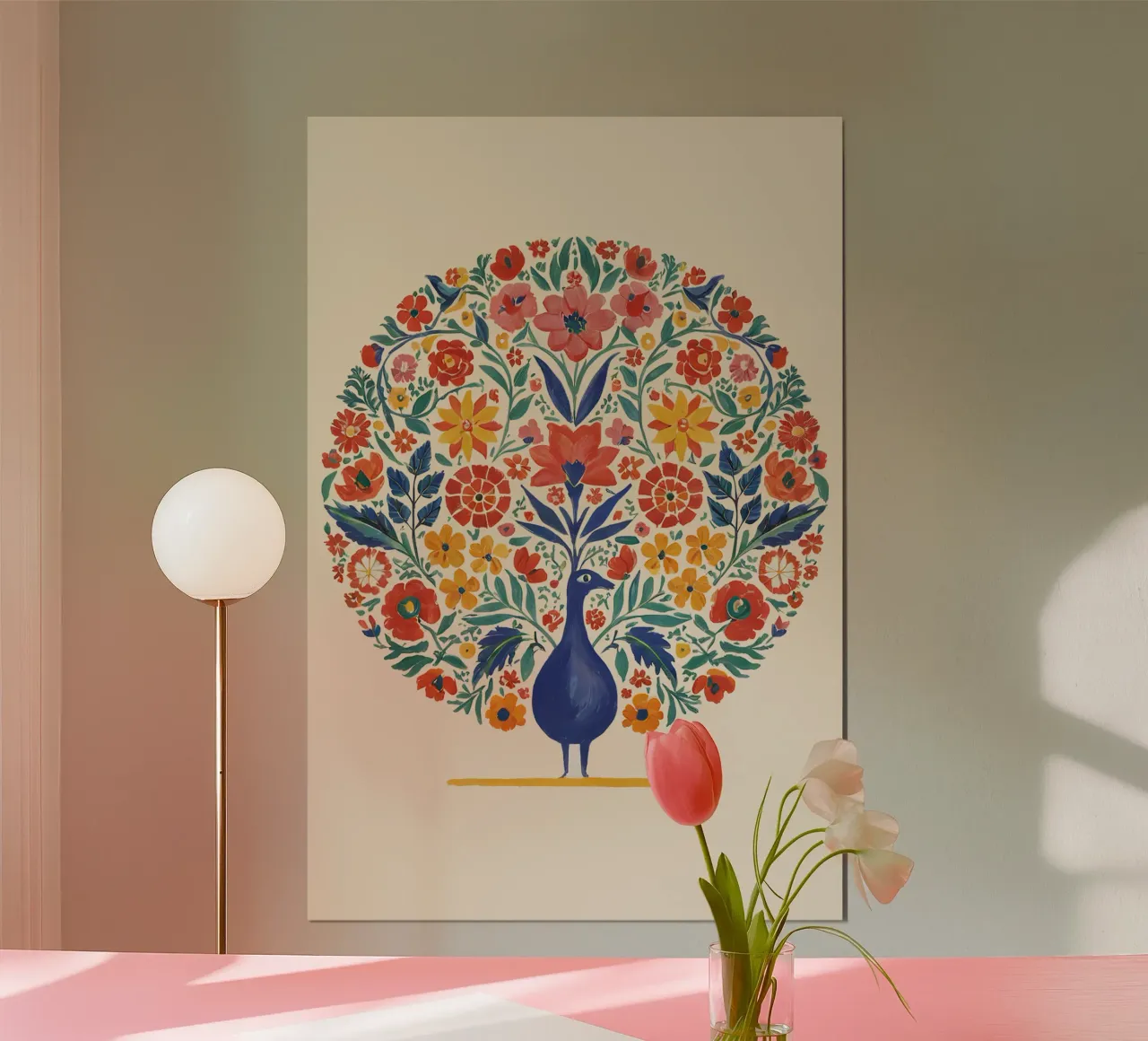 Pavone in cerchio floreale - Arte murale simmetrica in stile boho poster da Studio Sori