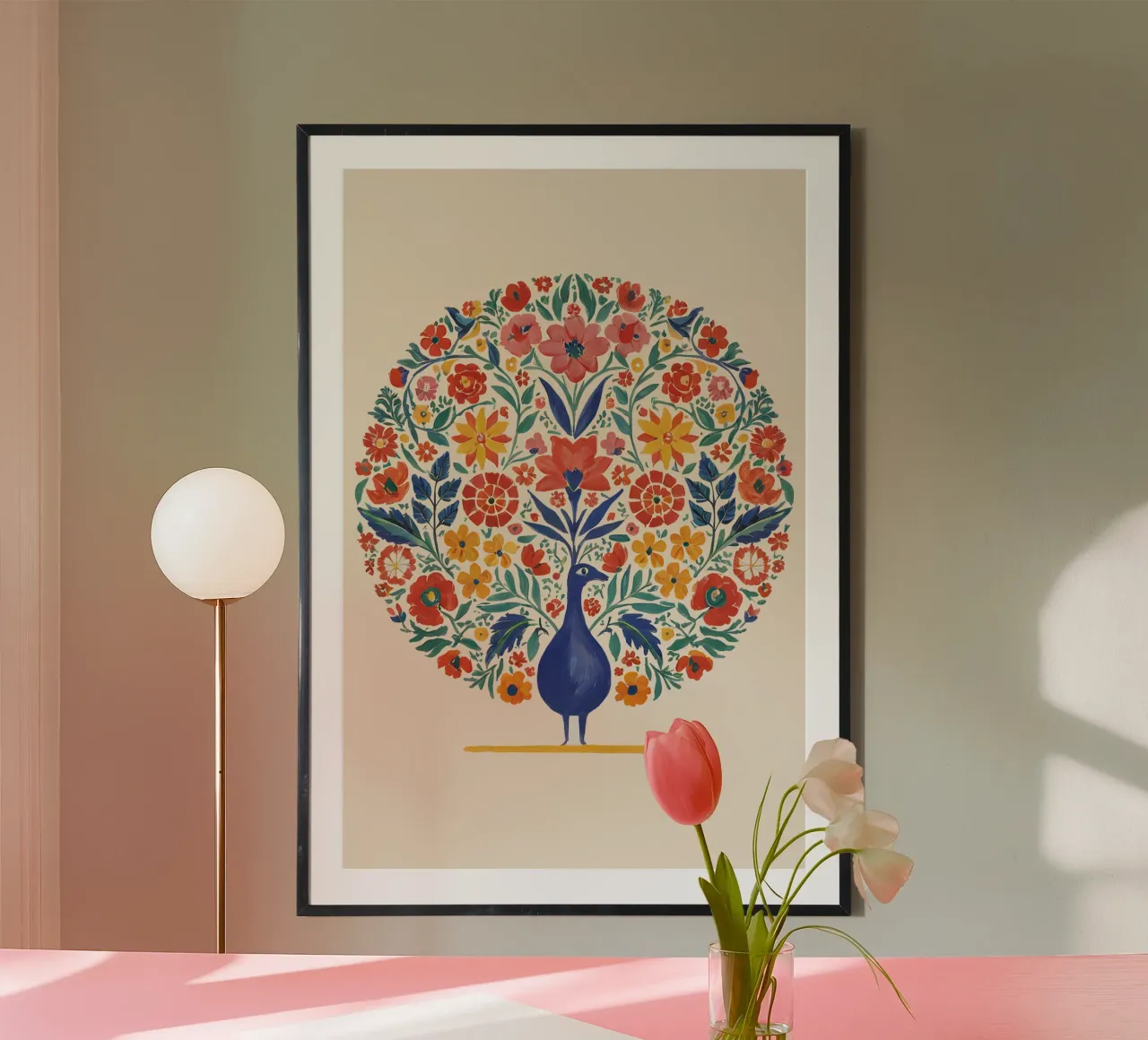 Pavone in cerchio floreale - Arte murale simmetrica in stile boho poster da Studio Sori