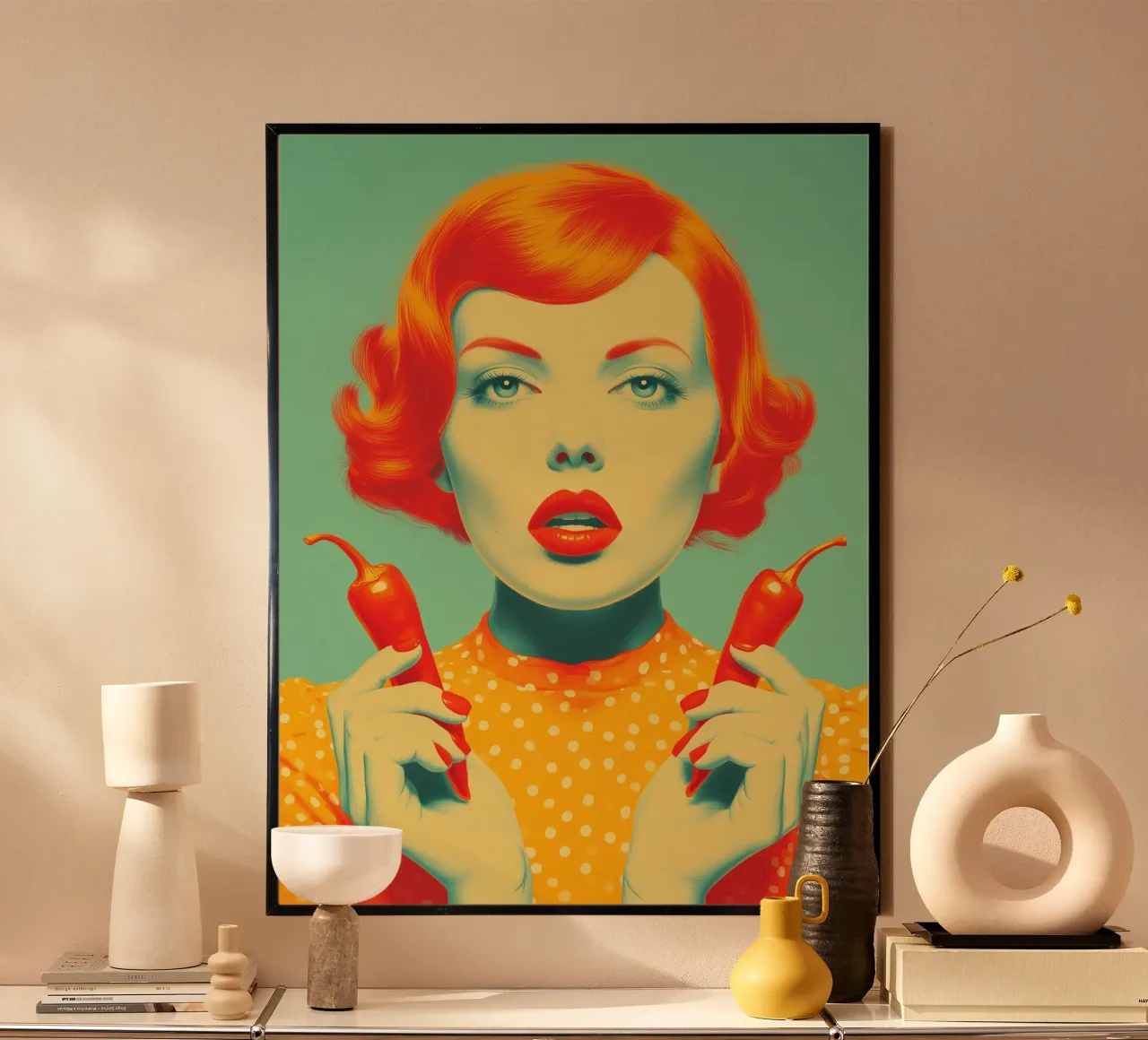 Ragazza con peperoncino rosso piccante | Arte in cucina poster con telaio in plastica da Autofocus