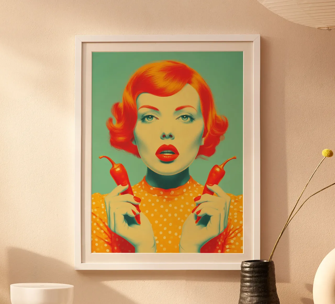 Ragazza con peperoncino rosso piccante | Arte in cucina poster con telaio in plastica da Autofocus