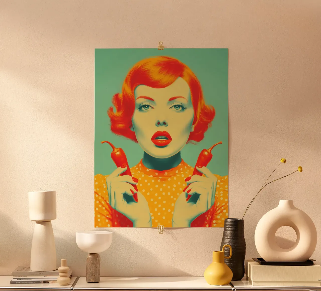 Ragazza con peperoncino rosso piccante | Arte in cucina poster con telaio in plastica da Autofocus
