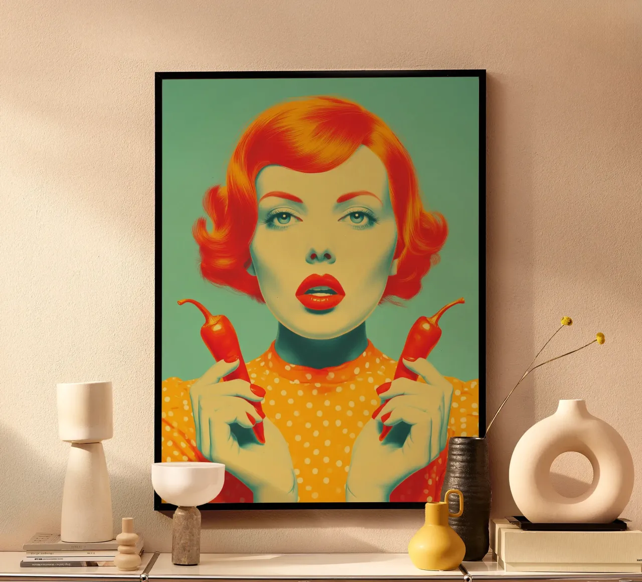 Ragazza con peperoncino rosso piccante | Arte in cucina poster con telaio in plastica da Autofocus