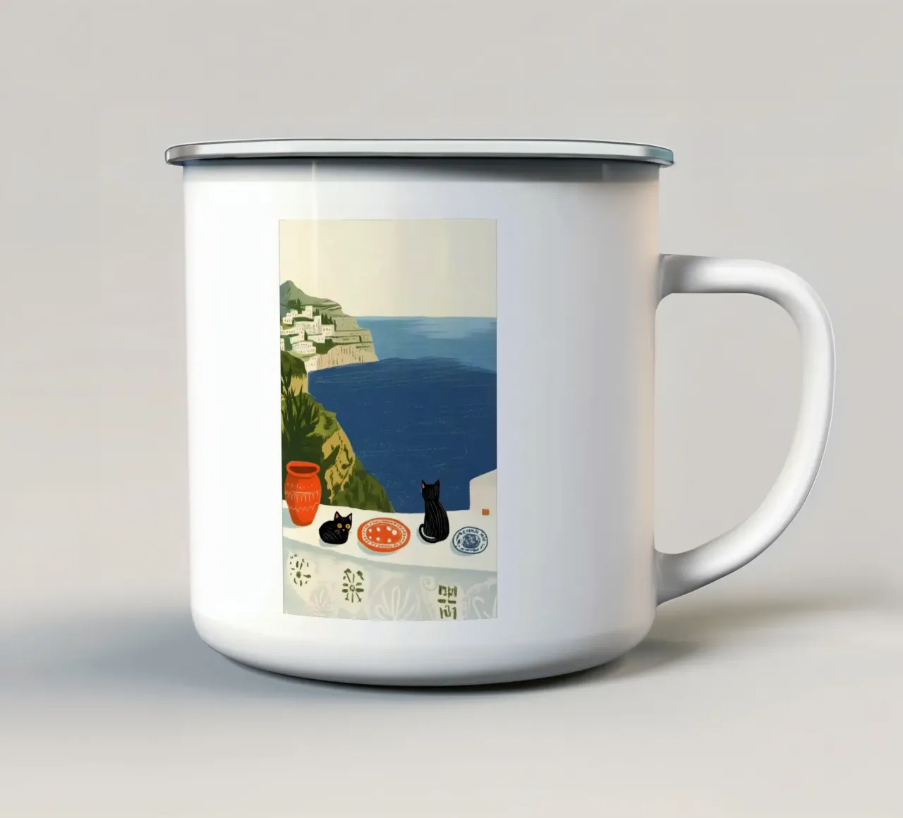 Due gatti neri in riva al mare blu tazza in smalto da Curious Canvas
