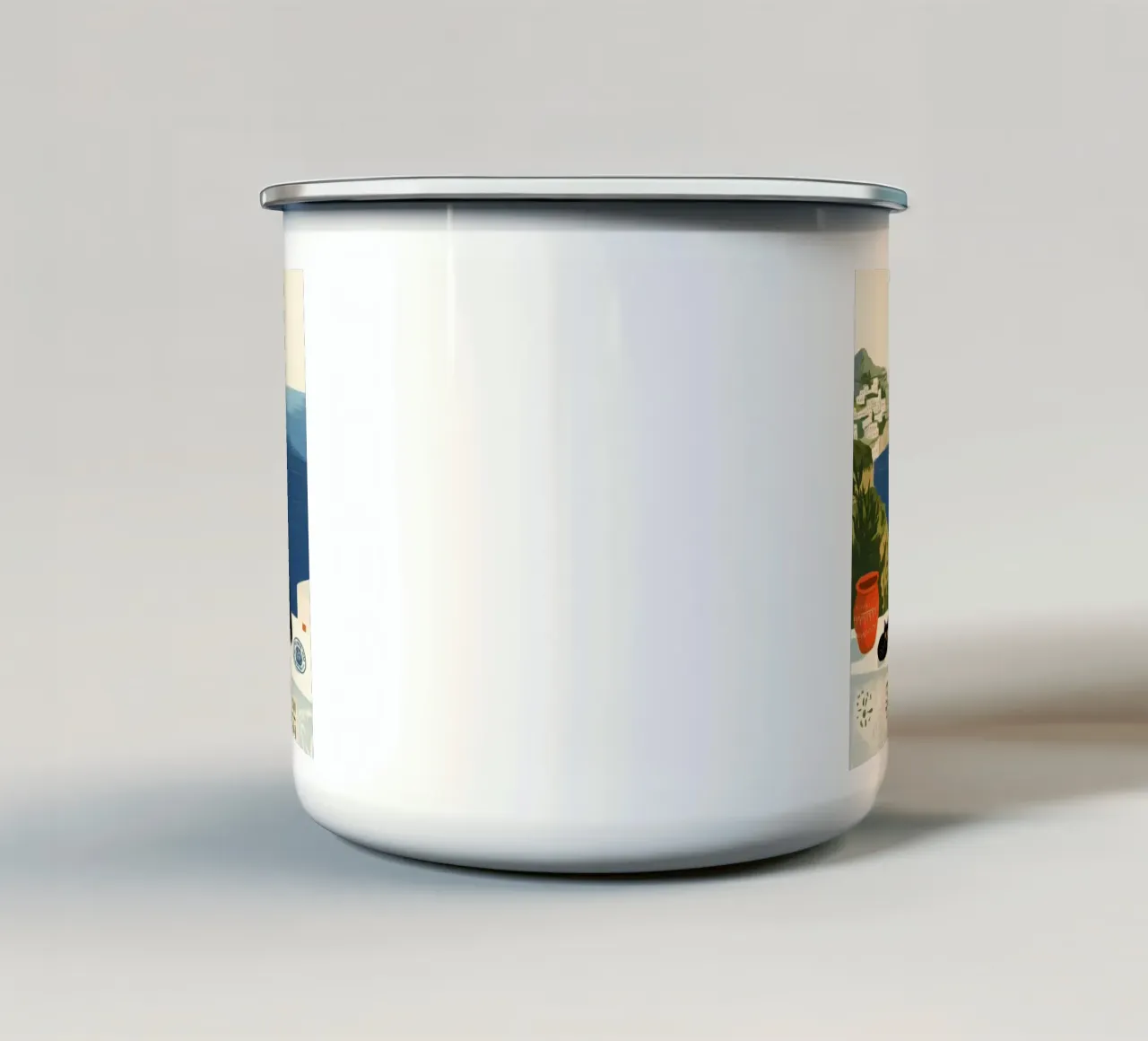 Due gatti neri in riva al mare blu tazza in smalto da Curious Canvas