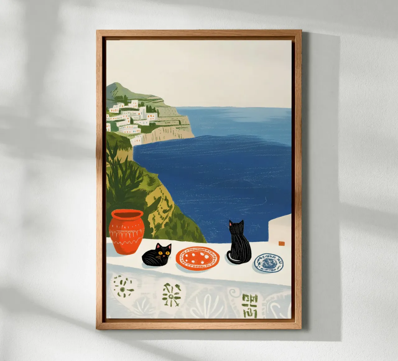 Twee zwarte katten bij de blauwe zee canvas met Baklijst van Curious Canvas