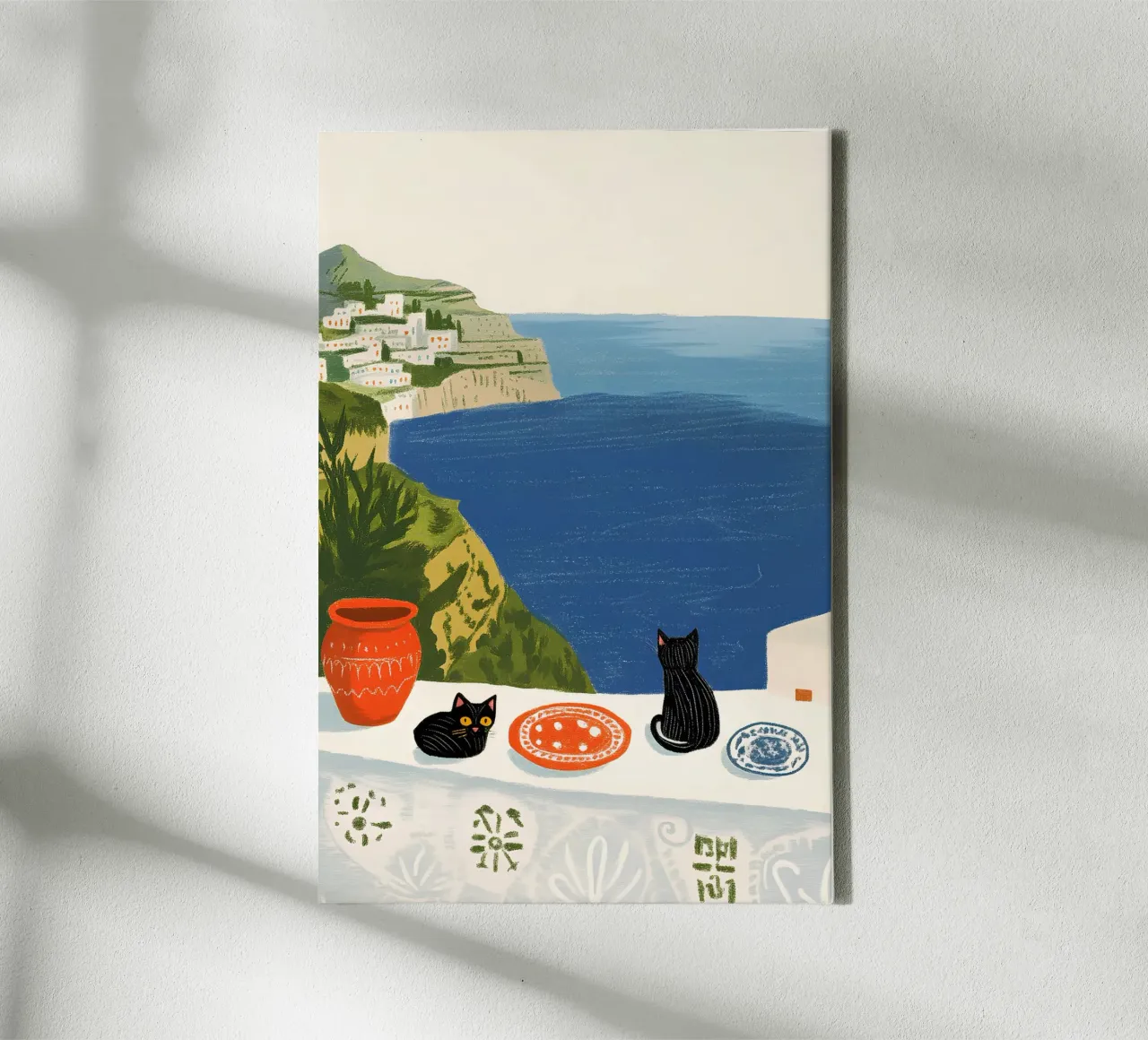 Twee zwarte katten bij de blauwe zee canvas met Baklijst van Curious Canvas