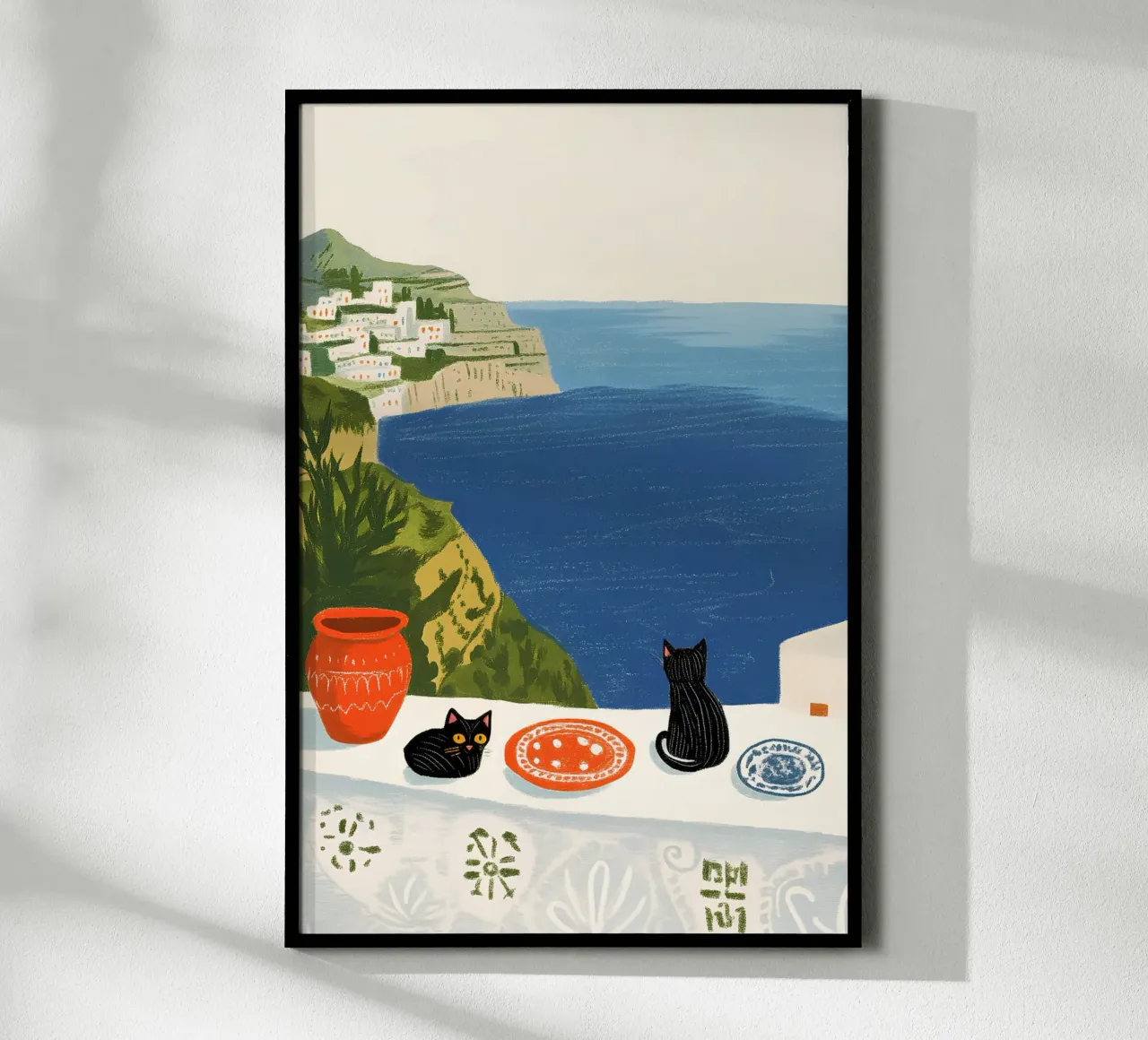Due gatti neri in riva al mare blu poster da Curious Canvas