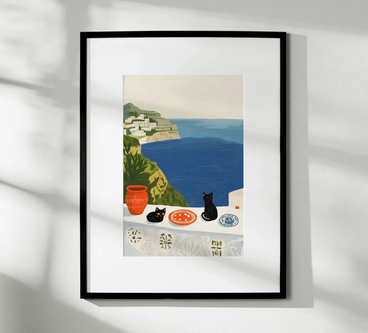 Due gatti neri in riva al mare blu poster da Curious Canvas