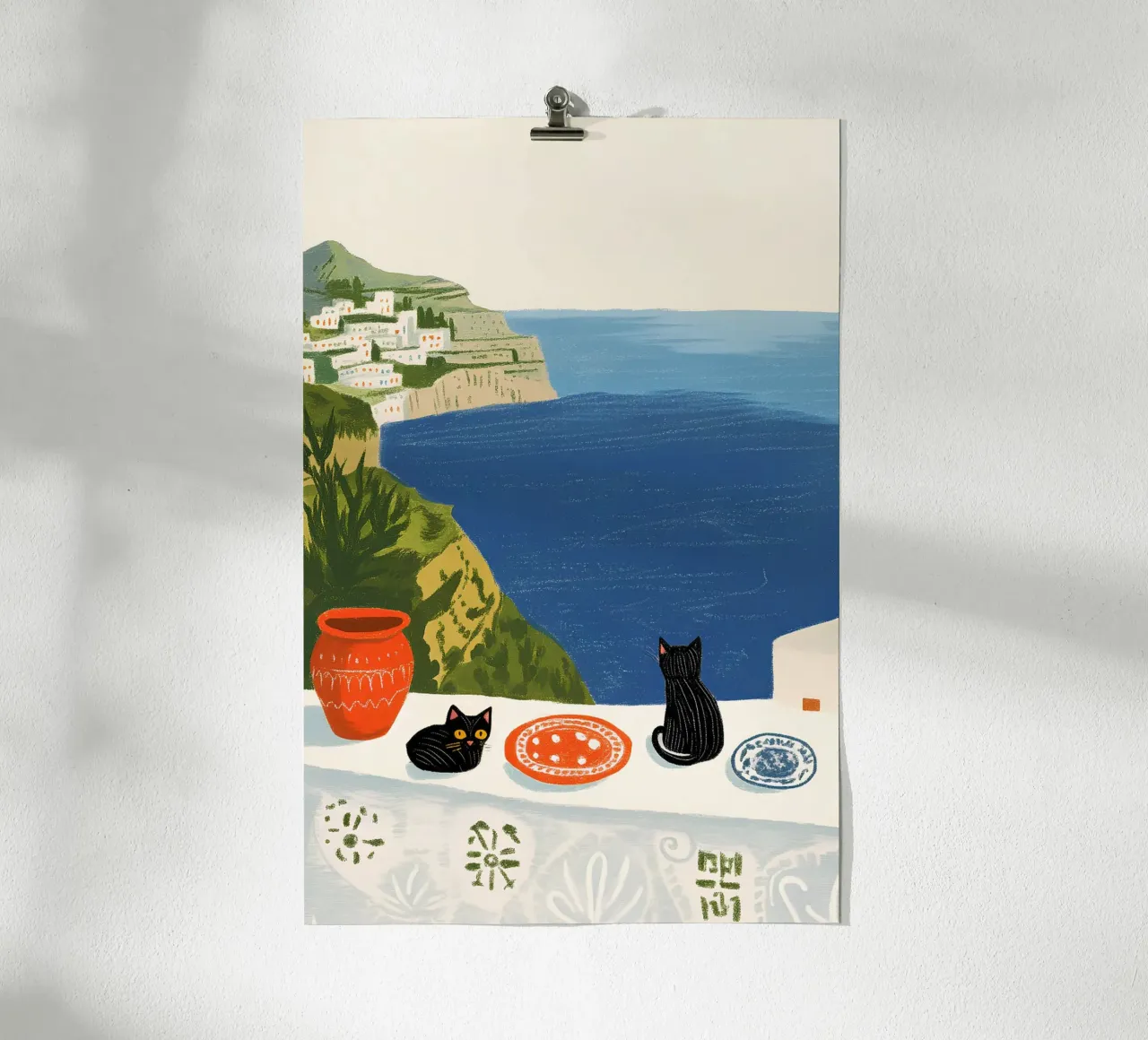 Due gatti neri in riva al mare blu poster da Curious Canvas