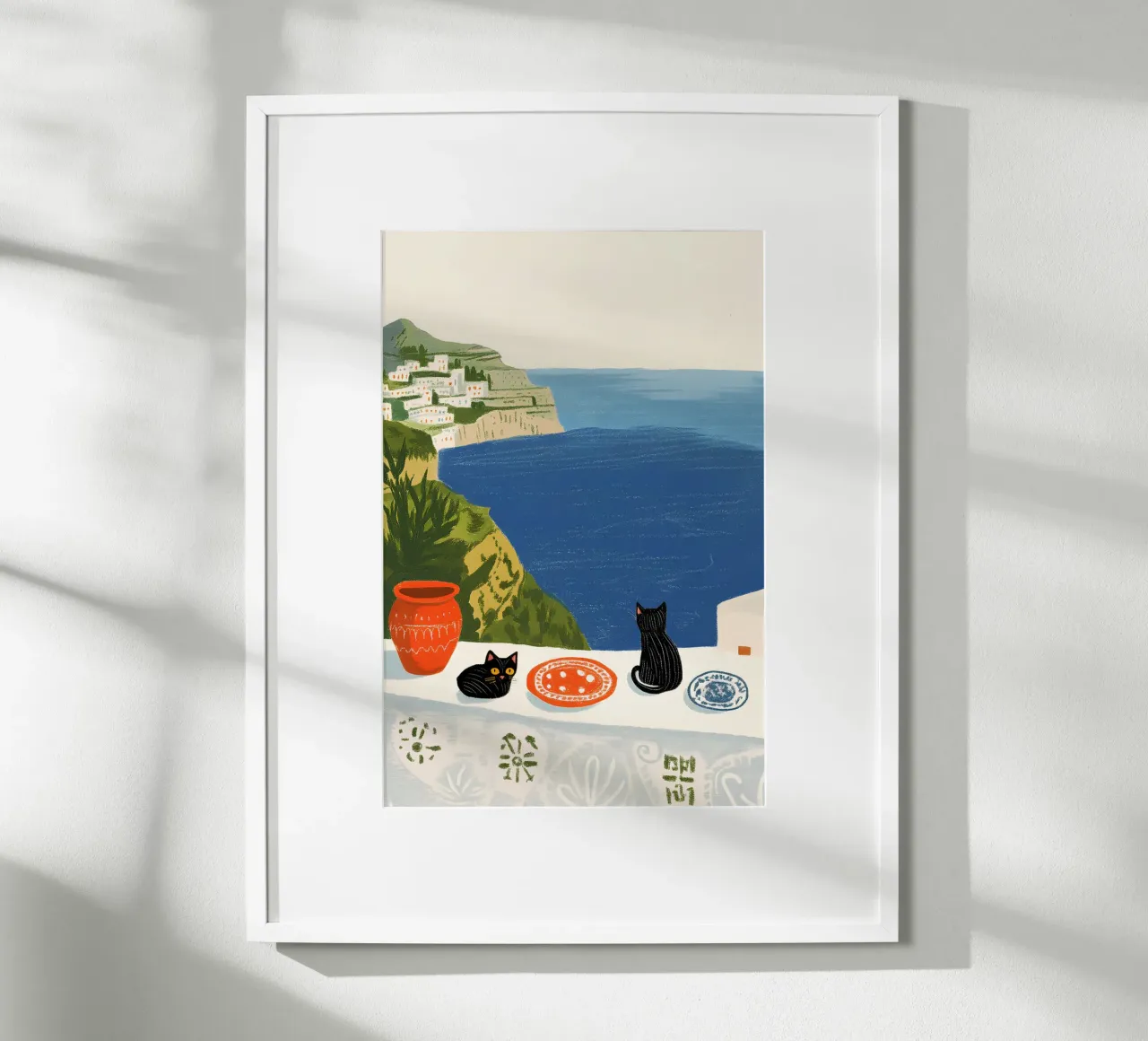 Due gatti neri in riva al mare blu poster da Curious Canvas