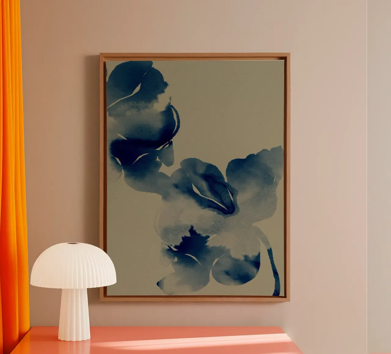 Blue Blooms in Soft Waters by Shatha Dafai canvas with Floater frame by Linda Richardson
