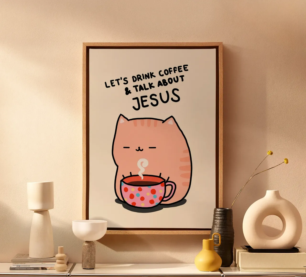Gatto carino che beve caffè e parla di Gesù - Poster tela con Cornice a cassetta da vintagepod