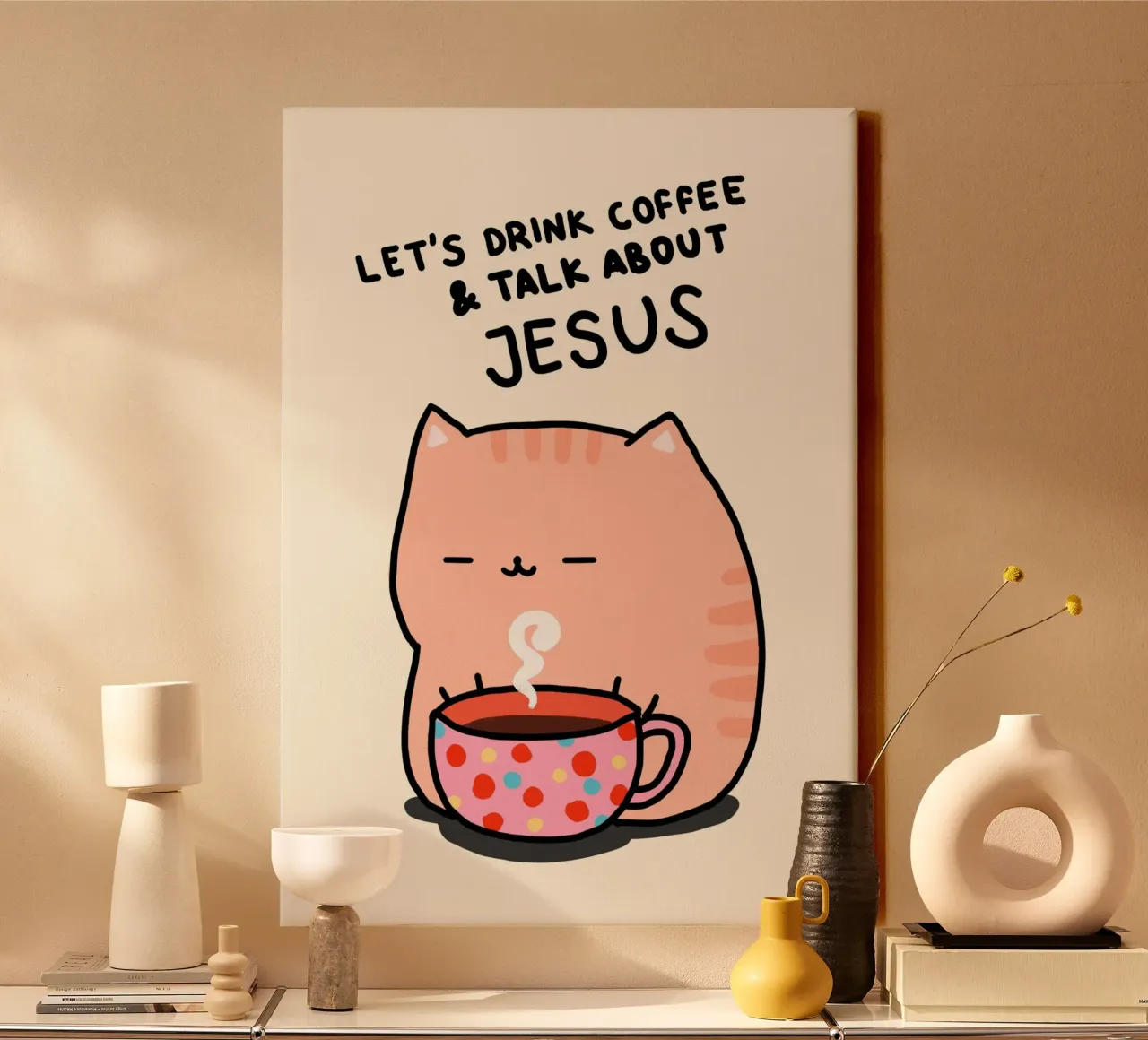 Gatto carino che beve caffè e parla di Gesù - Poster tela con Cornice a cassetta da vintagepod