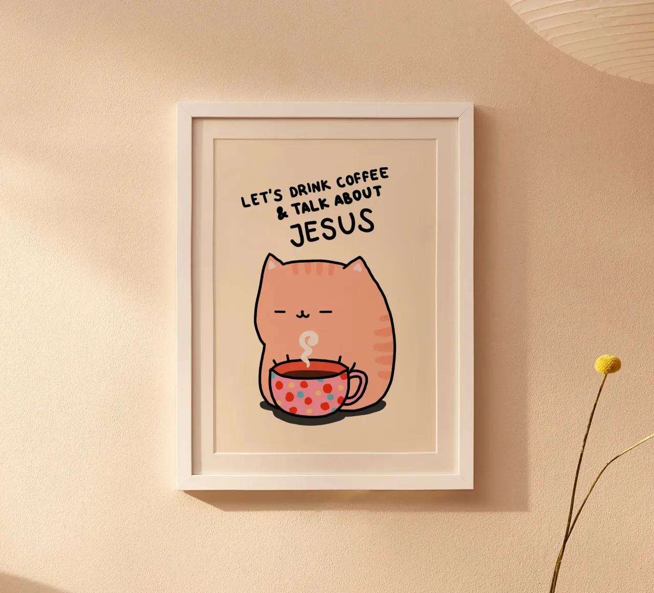 Gatto carino che beve caffè e parla di Gesù - Poster poster da vintagepod