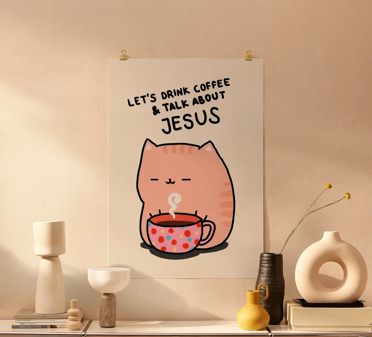 Gatto carino che beve caffè e parla di Gesù - Poster poster da vintagepod