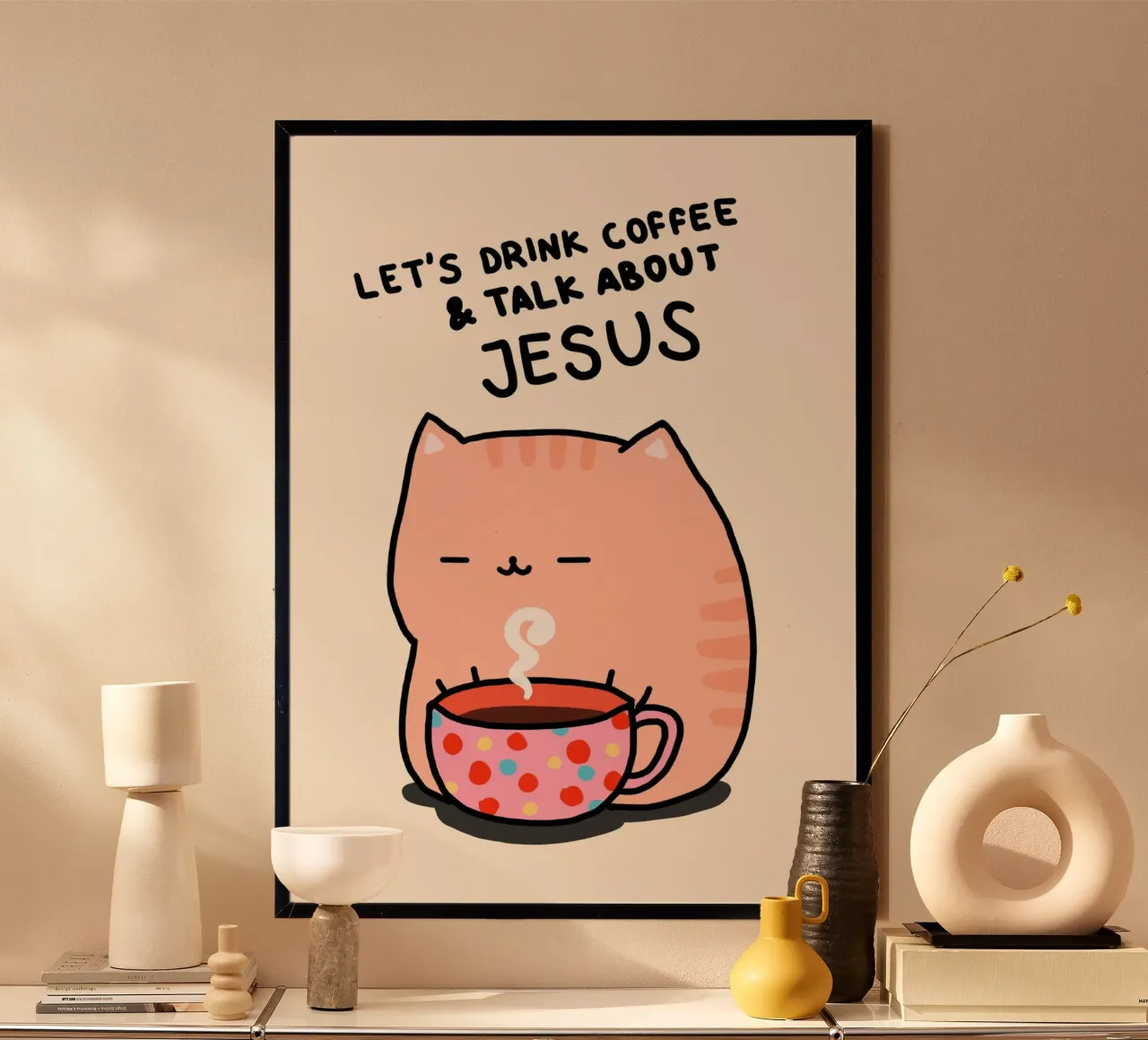 Gatto carino che beve caffè e parla di Gesù - Poster poster da vintagepod