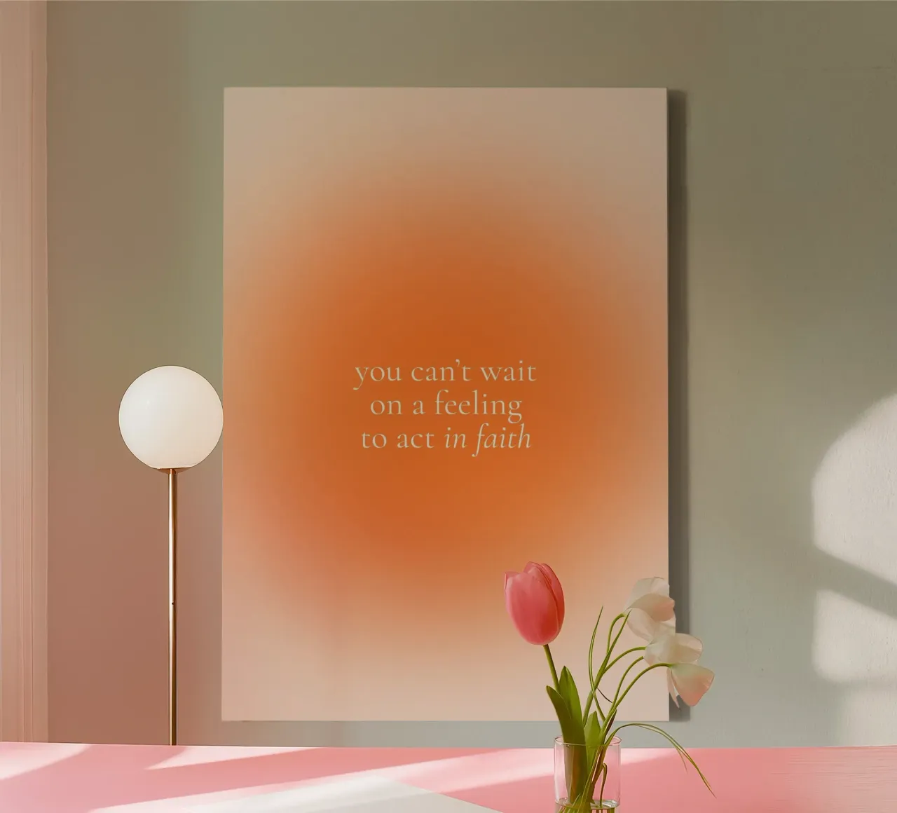 Act in Faith, Minimalistische christelijke kunstdruk met kleurverloop canvas met Baklijst van vintagepod