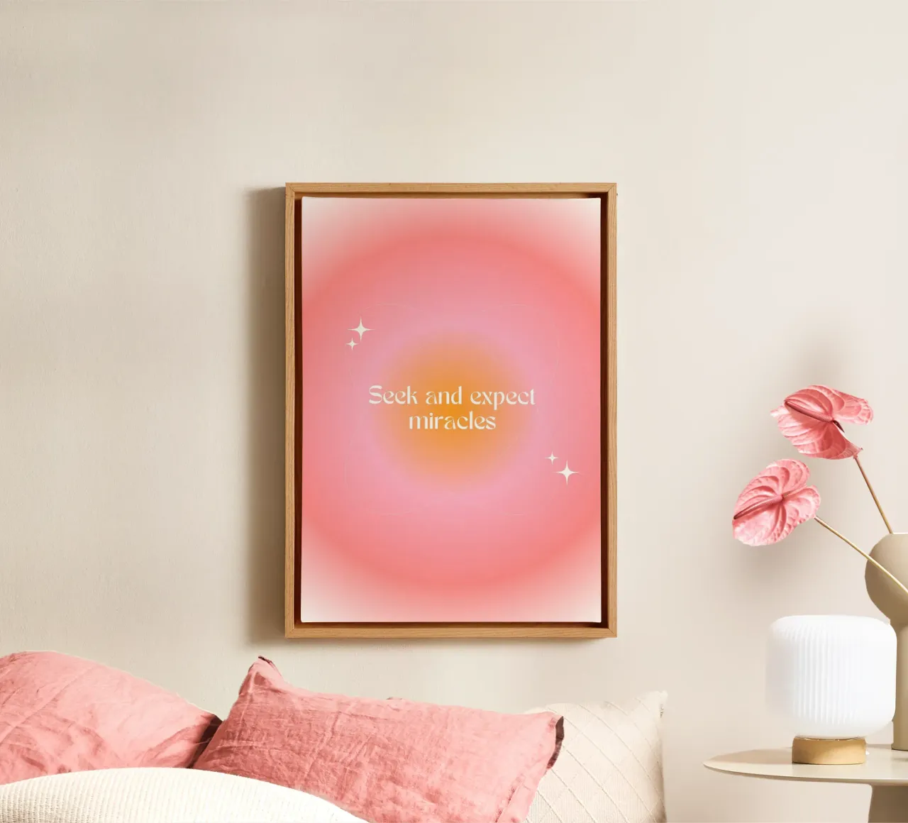 Zoek en Verwacht Wonderen, Aura Kleurverloop Kunstdruk canvas met Baklijst van vintagepod