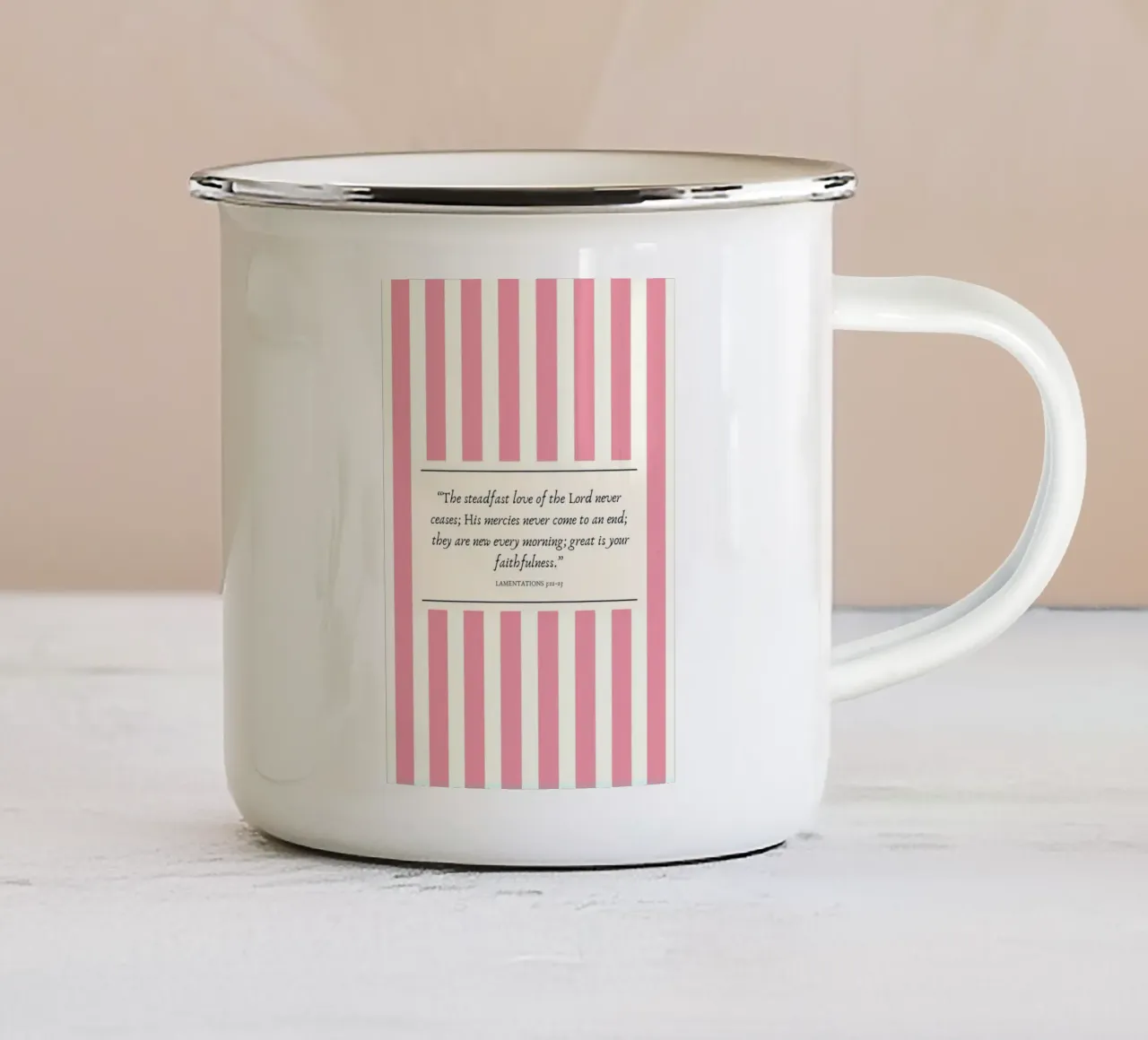 Lamentazioni 3:22-23, testo murale rosa a righe tazza in smalto da vintagepod