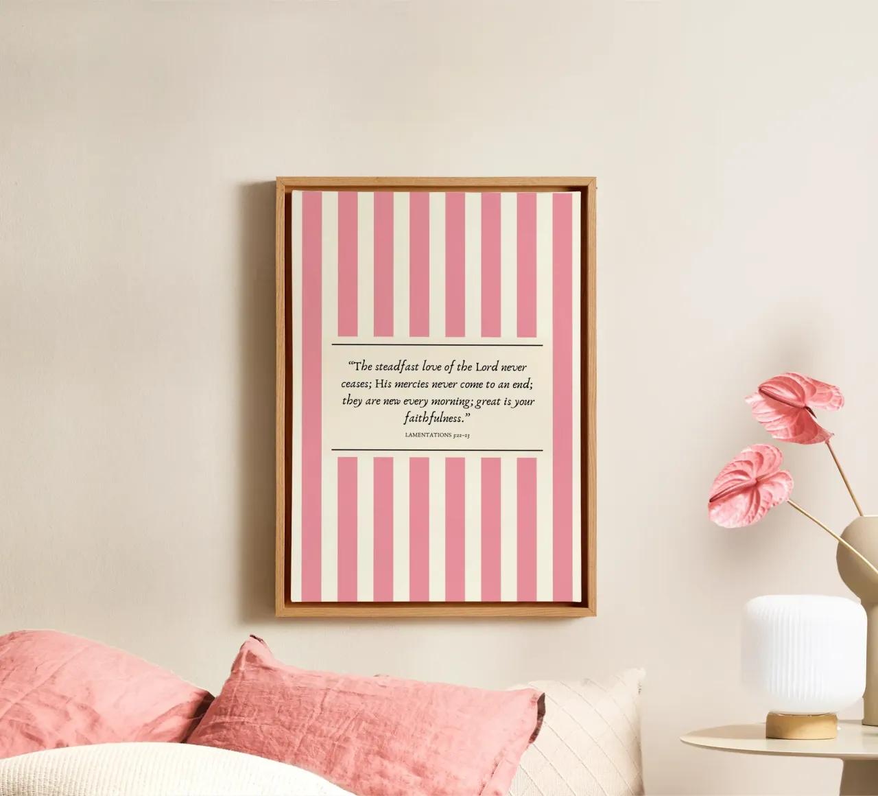 Lamentazioni 3:22-23, testo murale rosa a righe tela con Cornice a cassetta da vintagepod