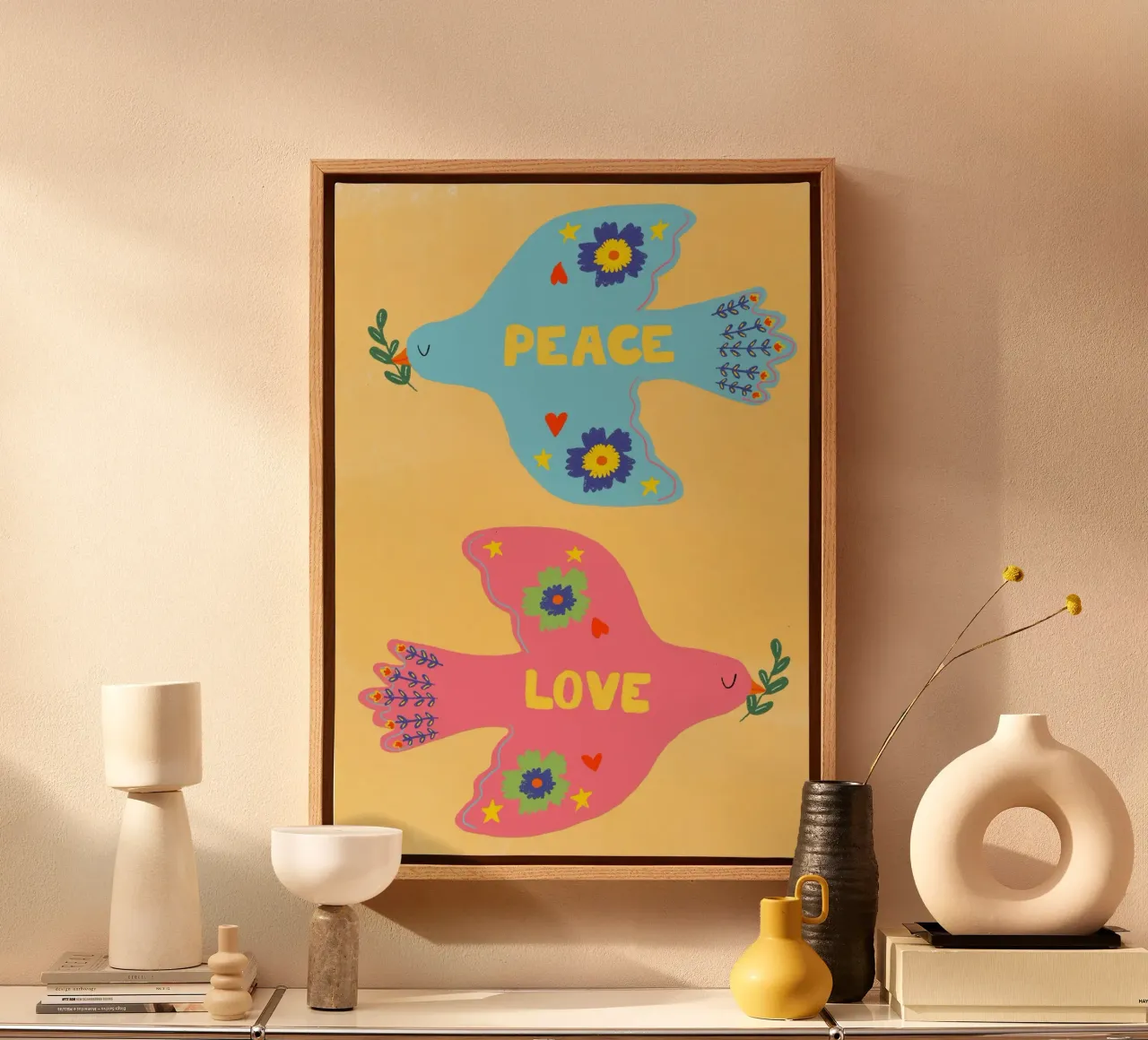 Vrede en Liefde, Folk Art Duiven Print canvas met Baklijst van vintagepod