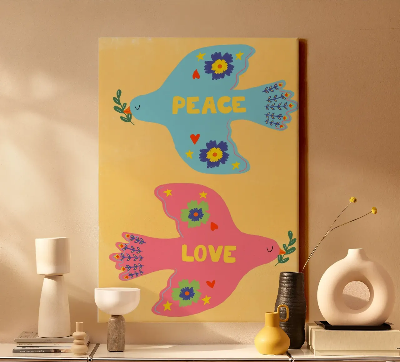 Vrede en Liefde, Folk Art Duiven Print canvas met Baklijst van vintagepod