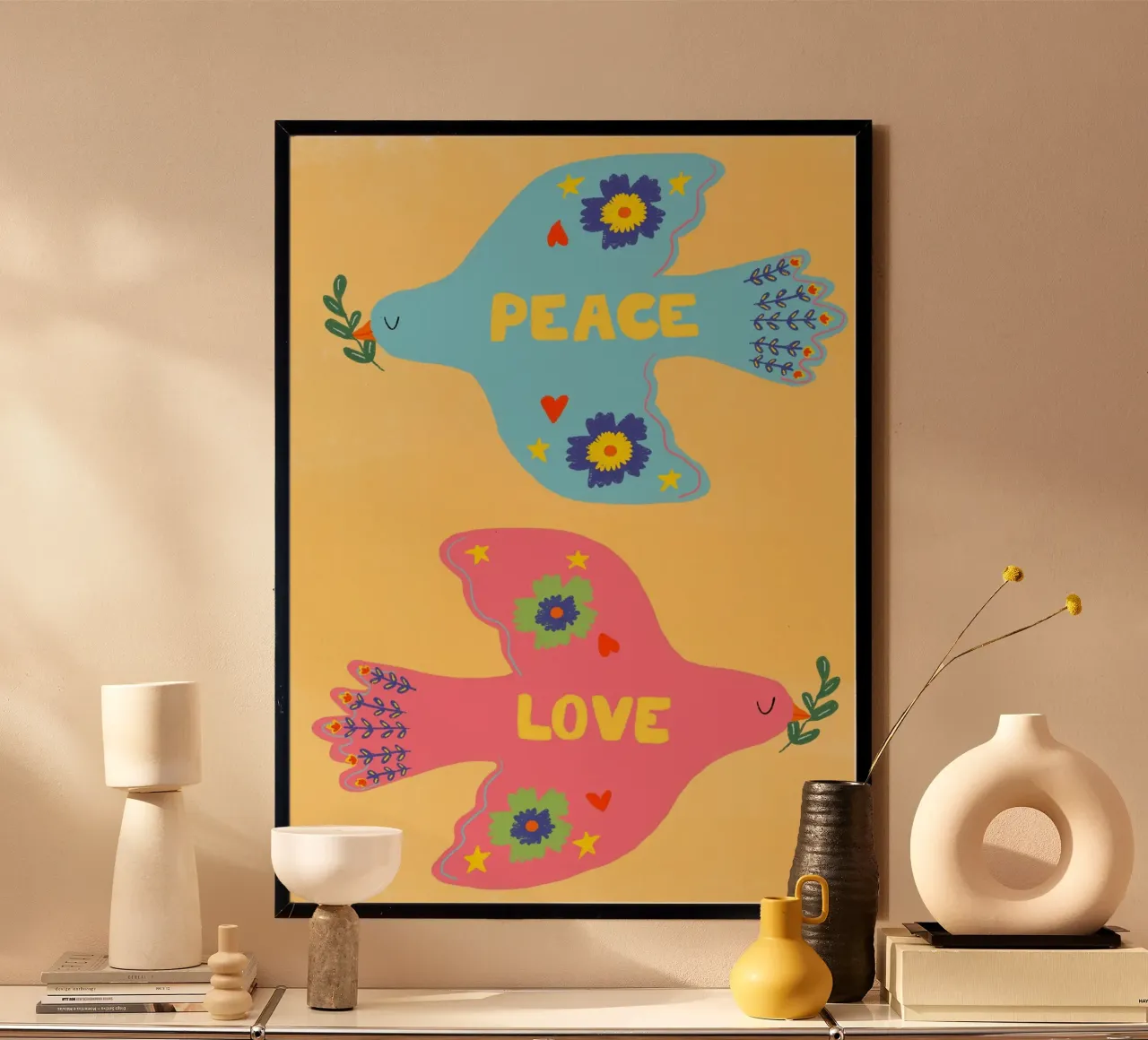 Pace e amore, stampa folcloristica di colombe poster da vintagepod