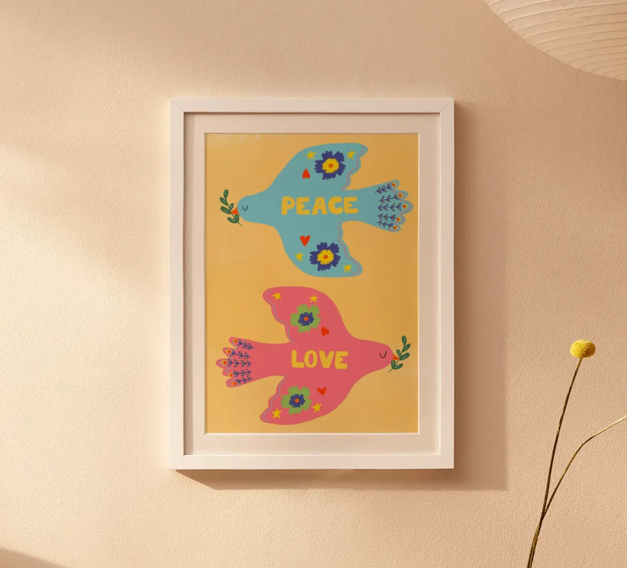 Pace e amore, stampa folcloristica di colombe poster da vintagepod