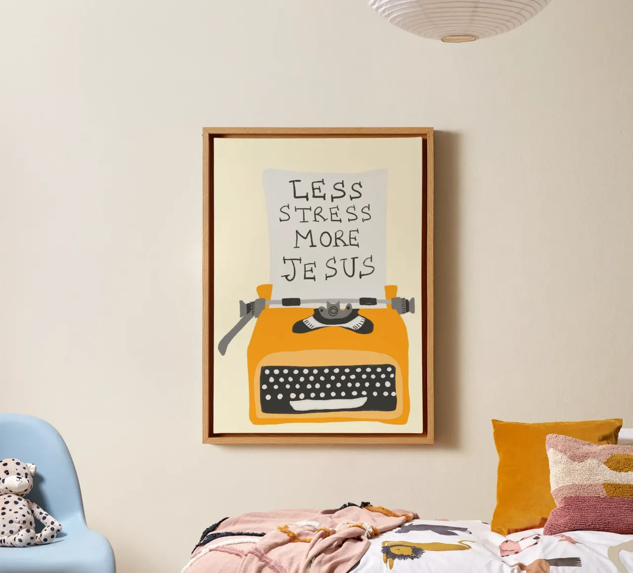 Minder stress, meer Jezus, Retro typemachine Art Print canvas met Baklijst van vintagepod