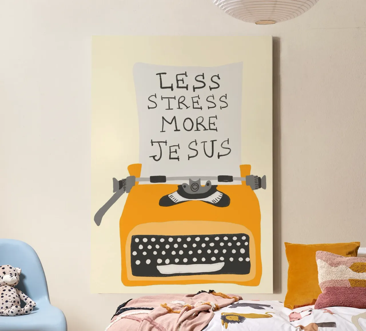 Minder stress, meer Jezus, Retro typemachine Art Print canvas met Baklijst van vintagepod