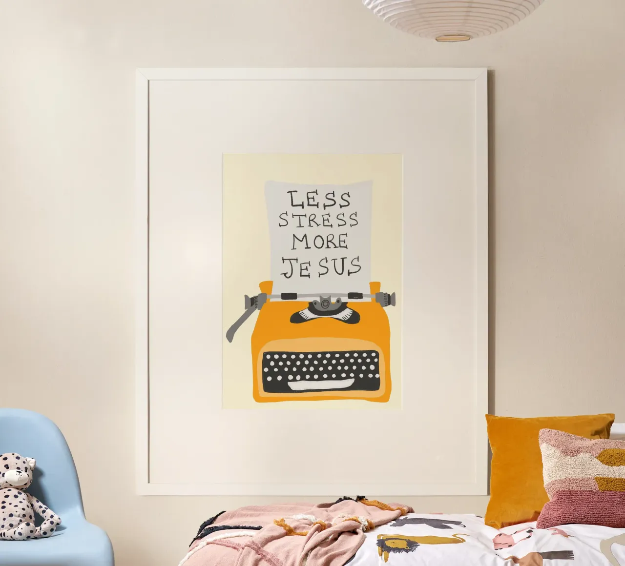 Minder stress, meer Jezus, Retro typemachine Art Print poster van vintagepod