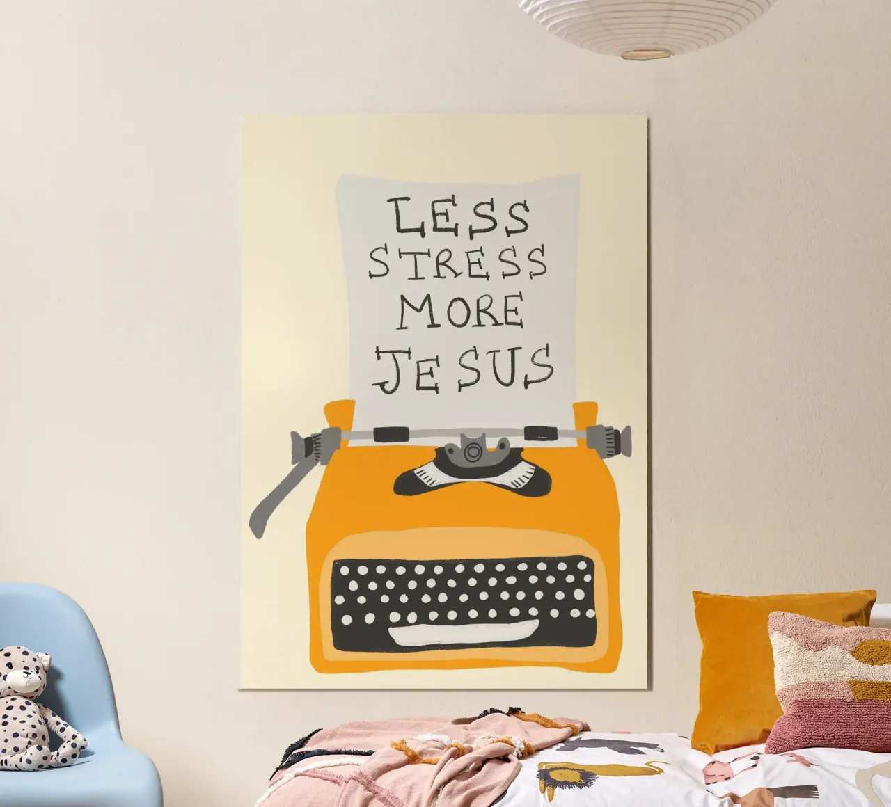 Minder stress, meer Jezus, Retro typemachine Art Print poster van vintagepod
