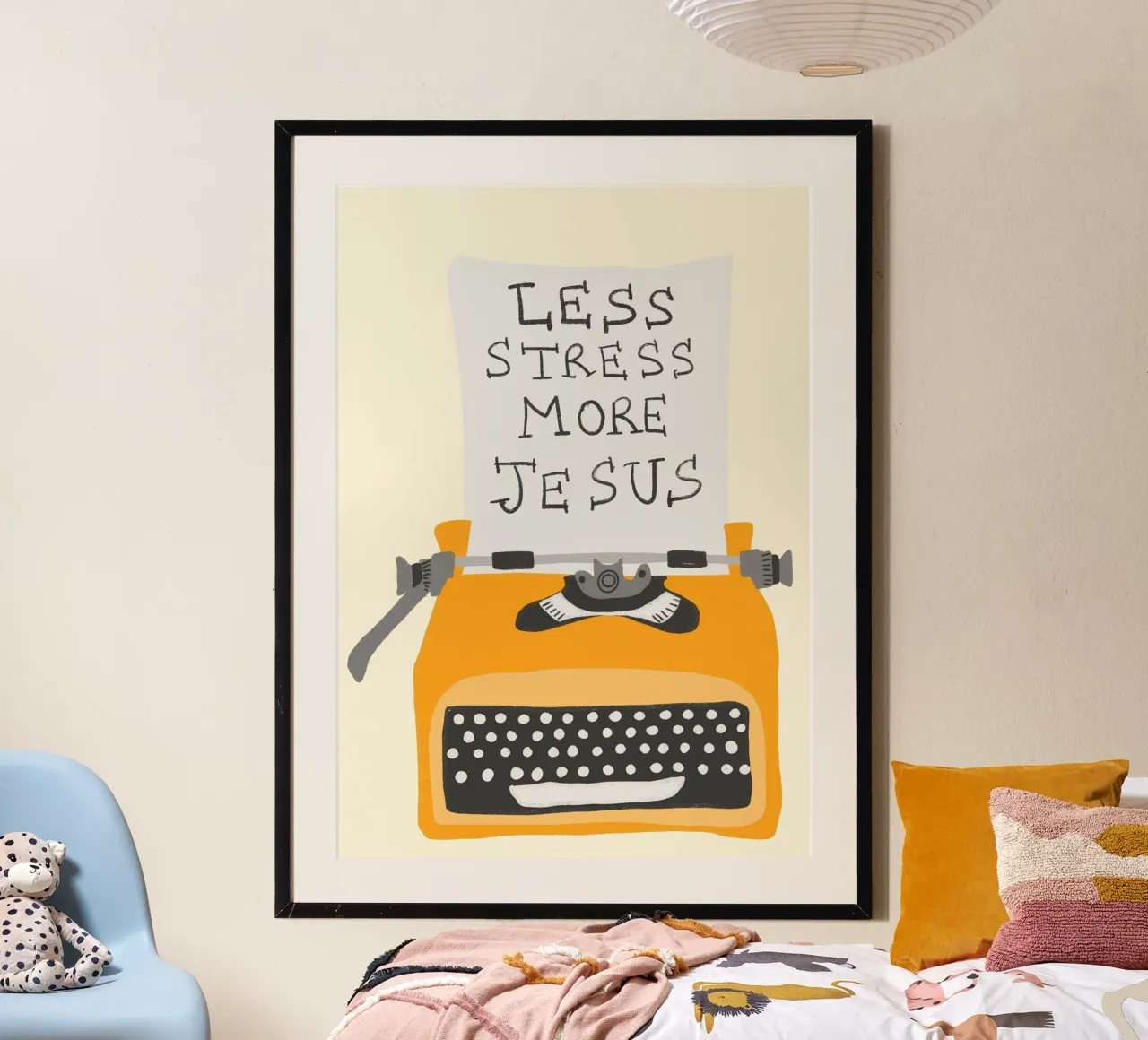 Minder stress, meer Jezus, Retro typemachine Art Print poster van vintagepod