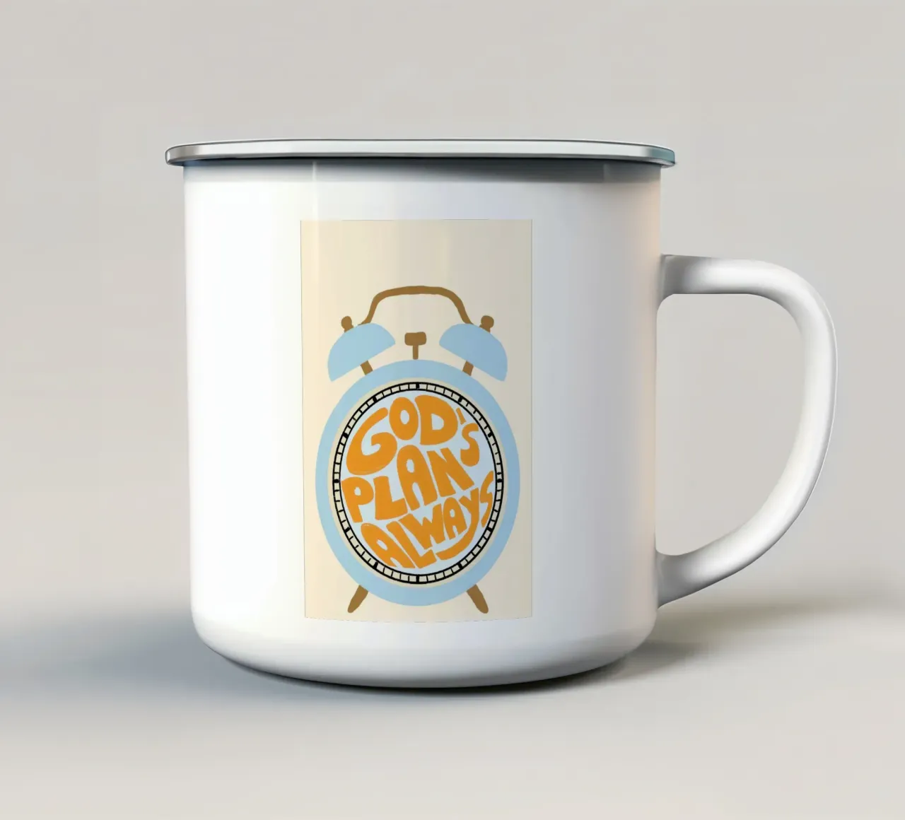 God's Plans Always, Retro Alarm Clock Art Print emaille mok van vintagepod