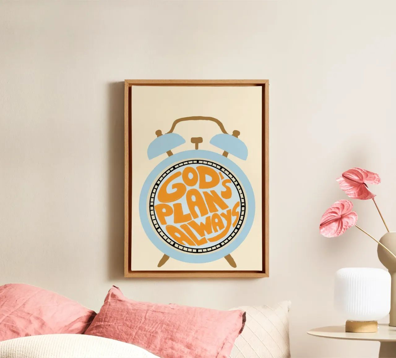 God's Plans Always, Retro Alarm Clock Art Print canvas met Baklijst van vintagepod