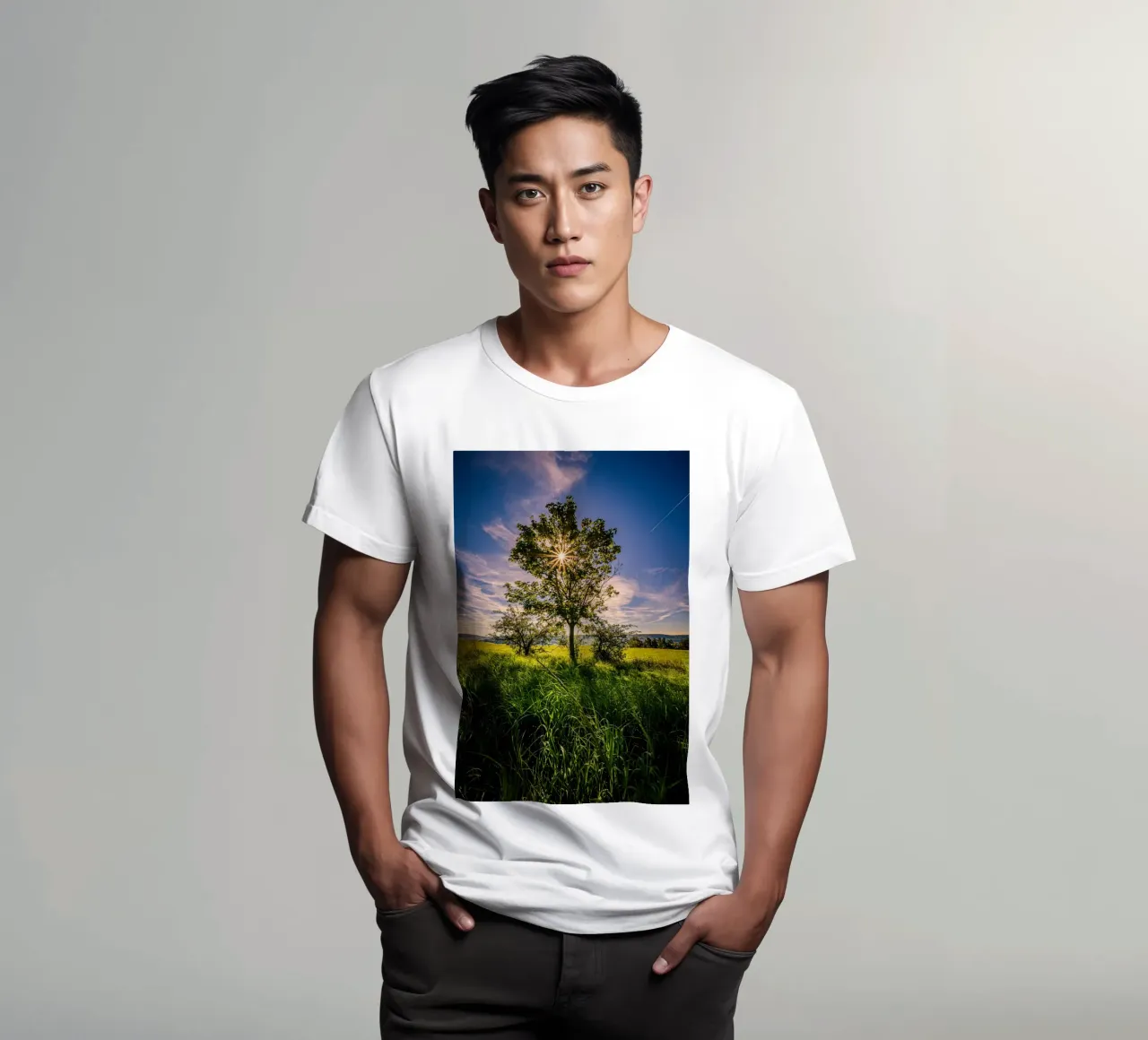 Stella del sole attraverso un albero deciduo t-shirt da Marcus Beckert | Fotografie