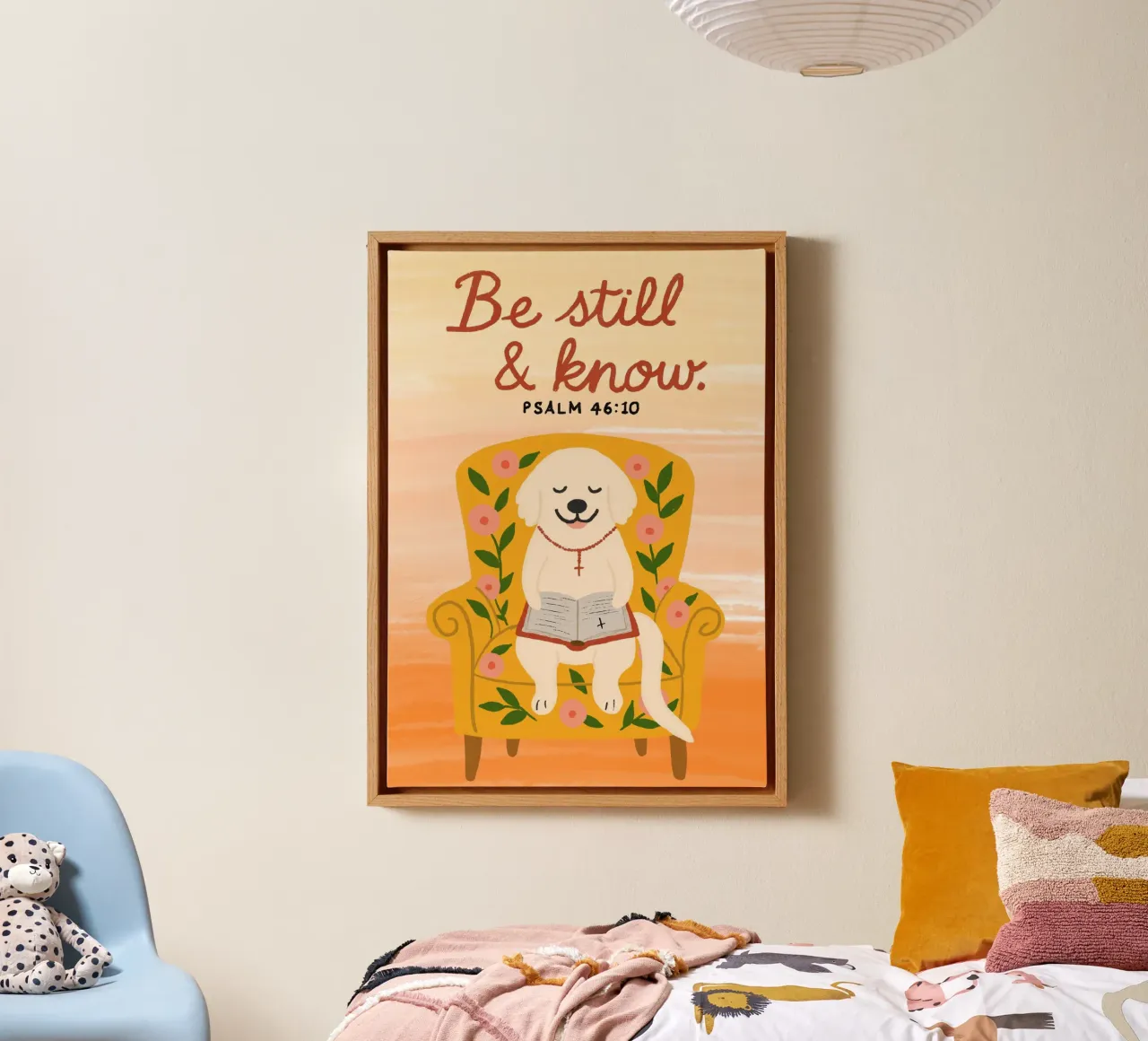 Be Still & Know, Psalm 46:10, Christian Dog Art Print canvas with Floater frame by vintagepod