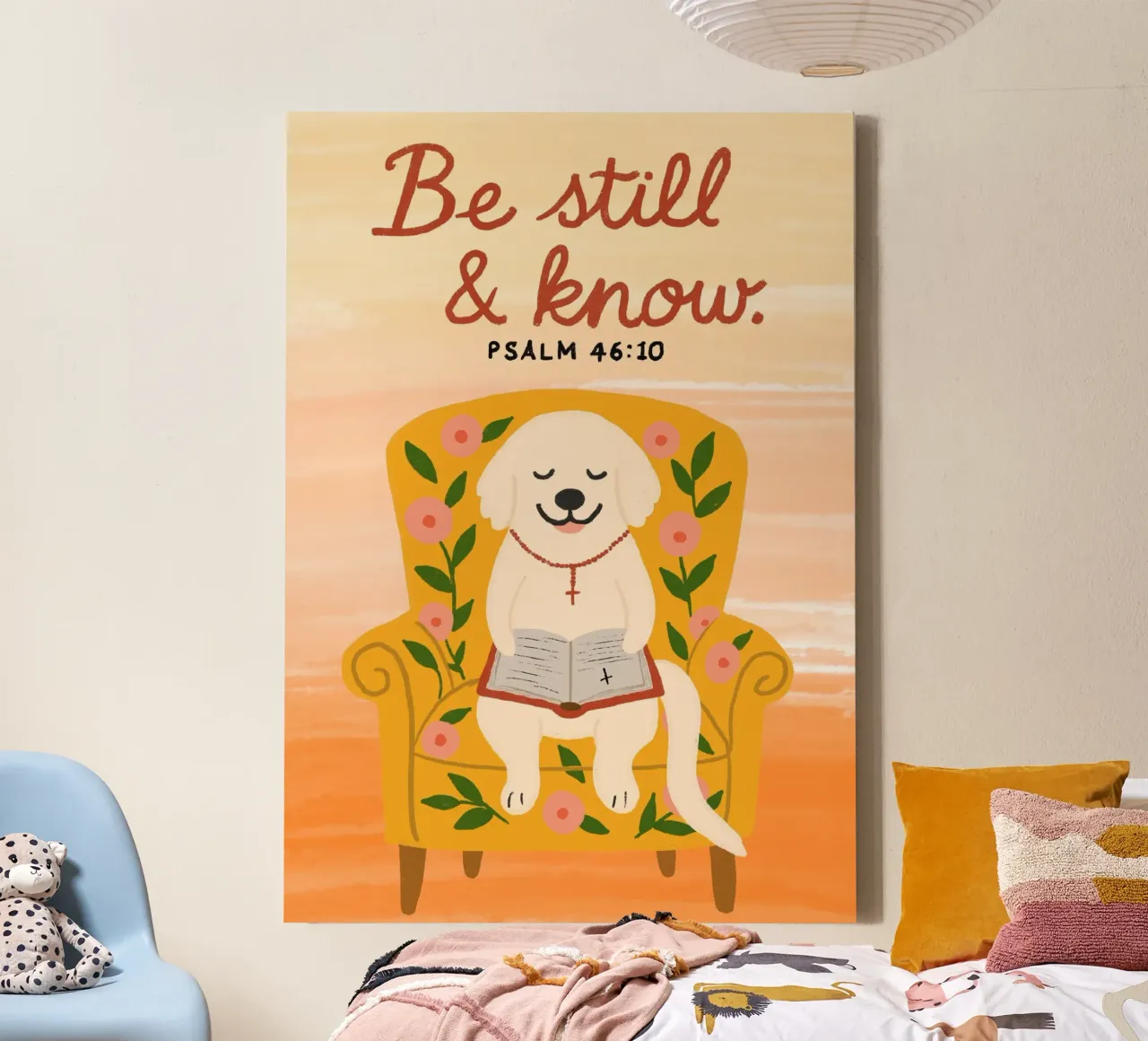 Be Still & Know, Psalm 46:10, Christian Dog Art Print canvas with Floater frame by vintagepod