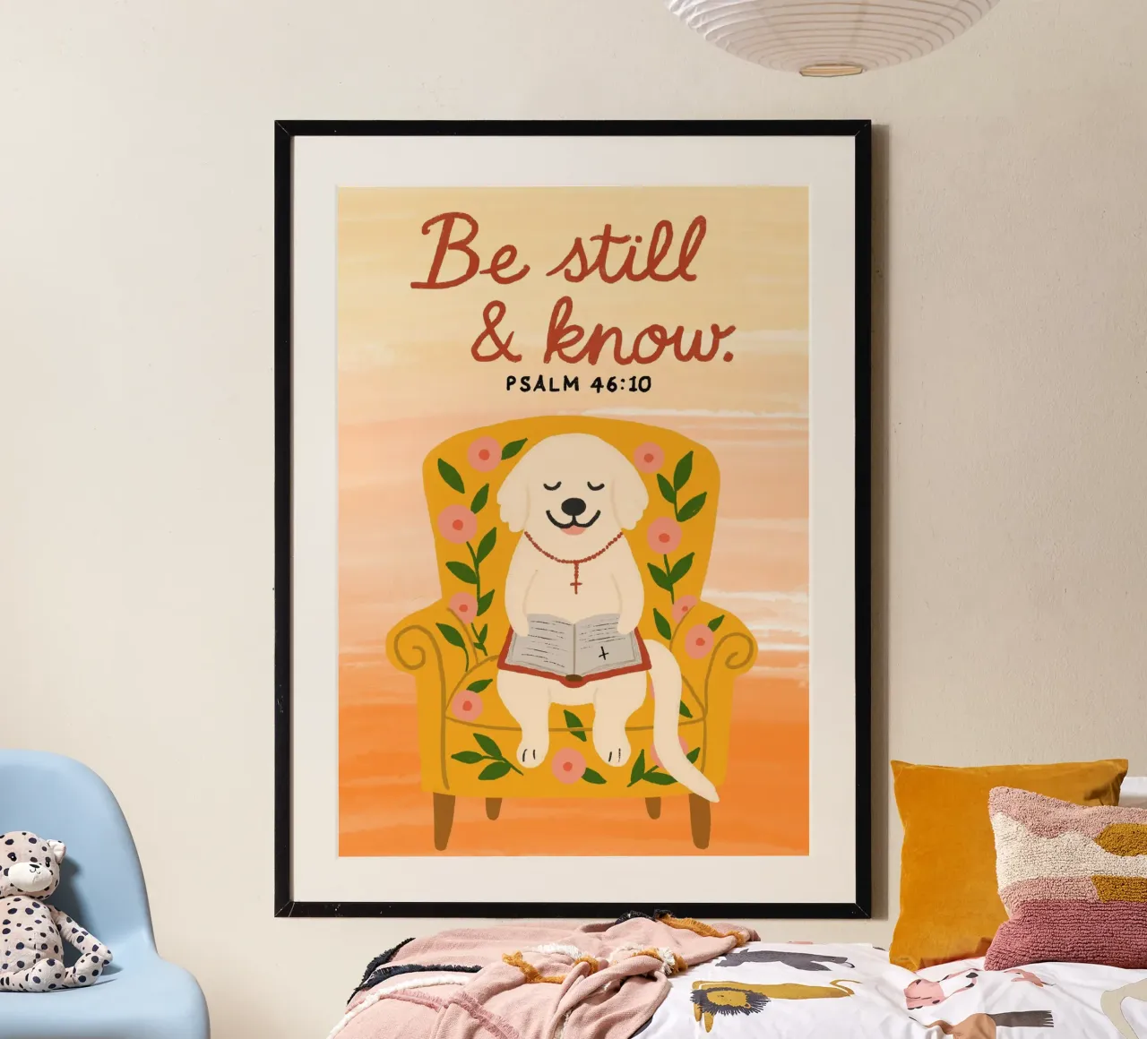 Be Still & Know, Psalm 46:10, Christian Dog Art Print poster de vintagepod