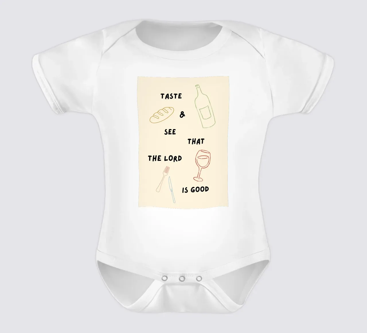Proef en zie dat de Heer goed is, kunstdruk babyrompertje korte mouwen van vintagepod