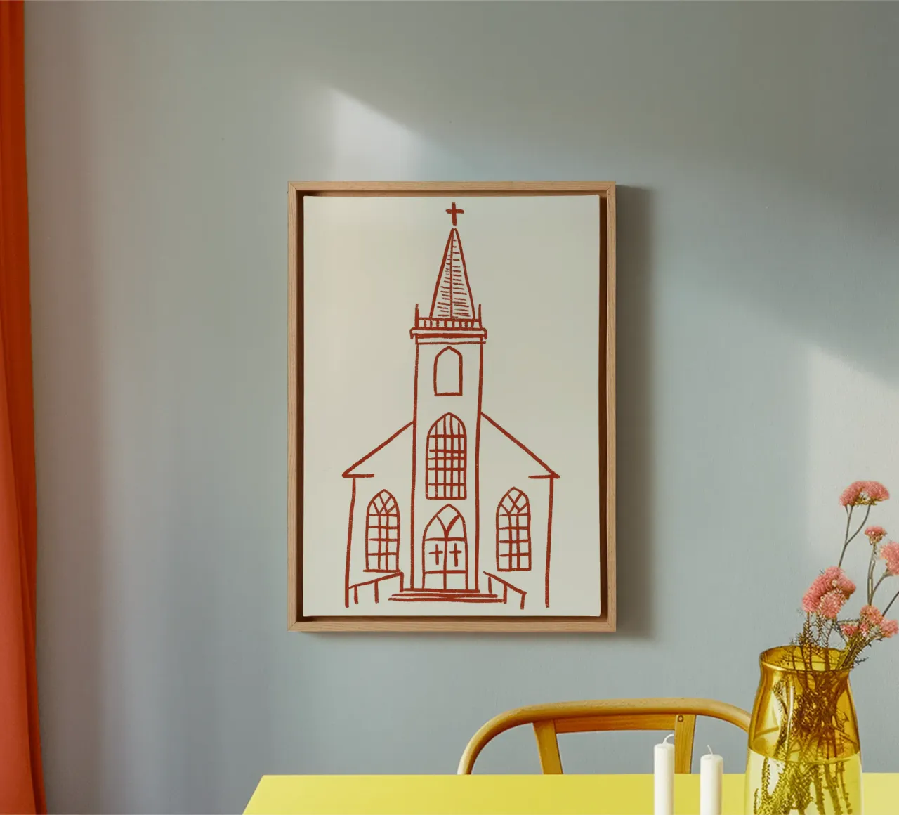 Art linéaire de l'église classique, impression d'un bâtiment chrétien toile avec Caisse américaine de vintagepod