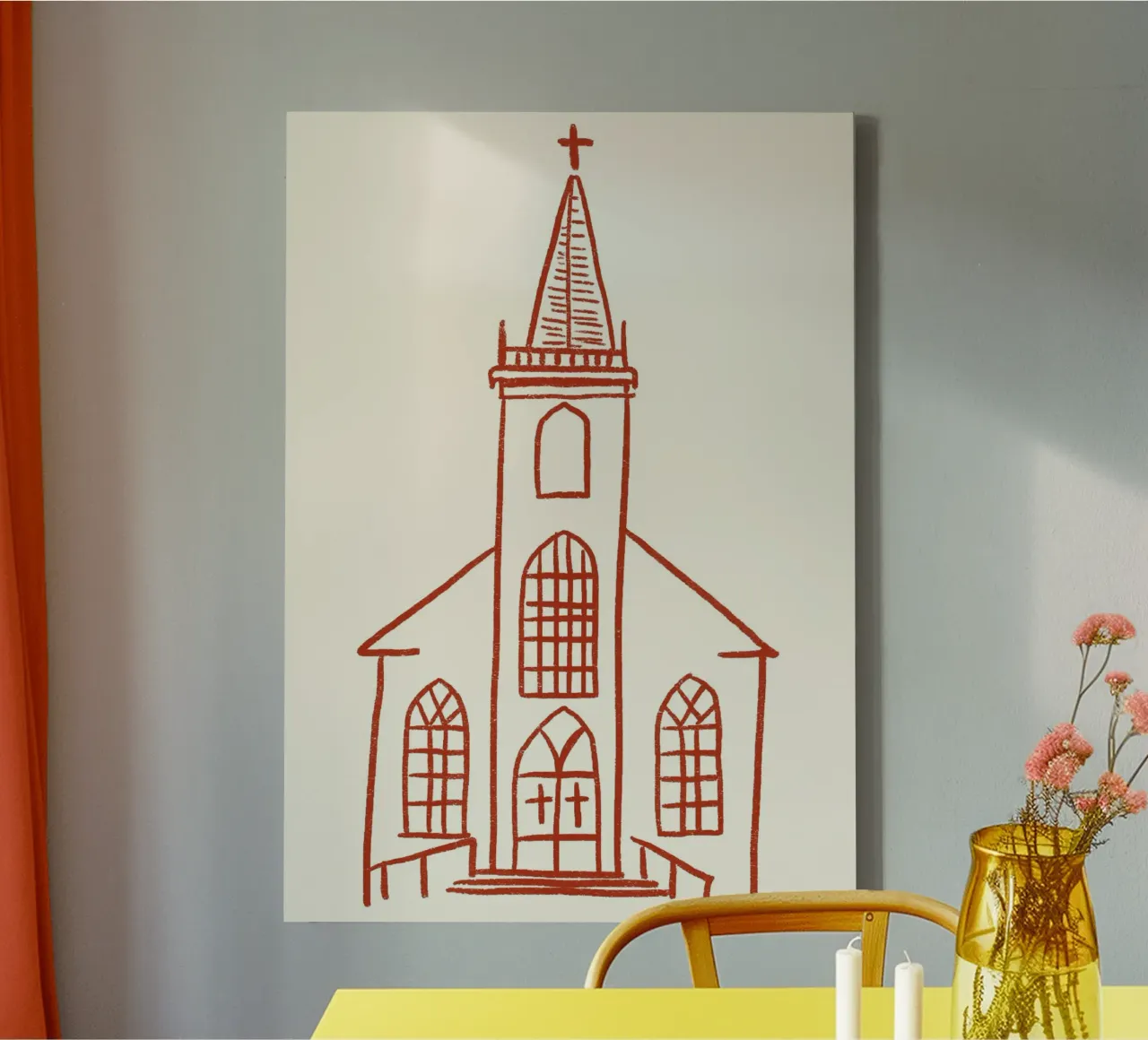 Art linéaire de l'église classique, impression d'un bâtiment chrétien toile avec Caisse américaine de vintagepod