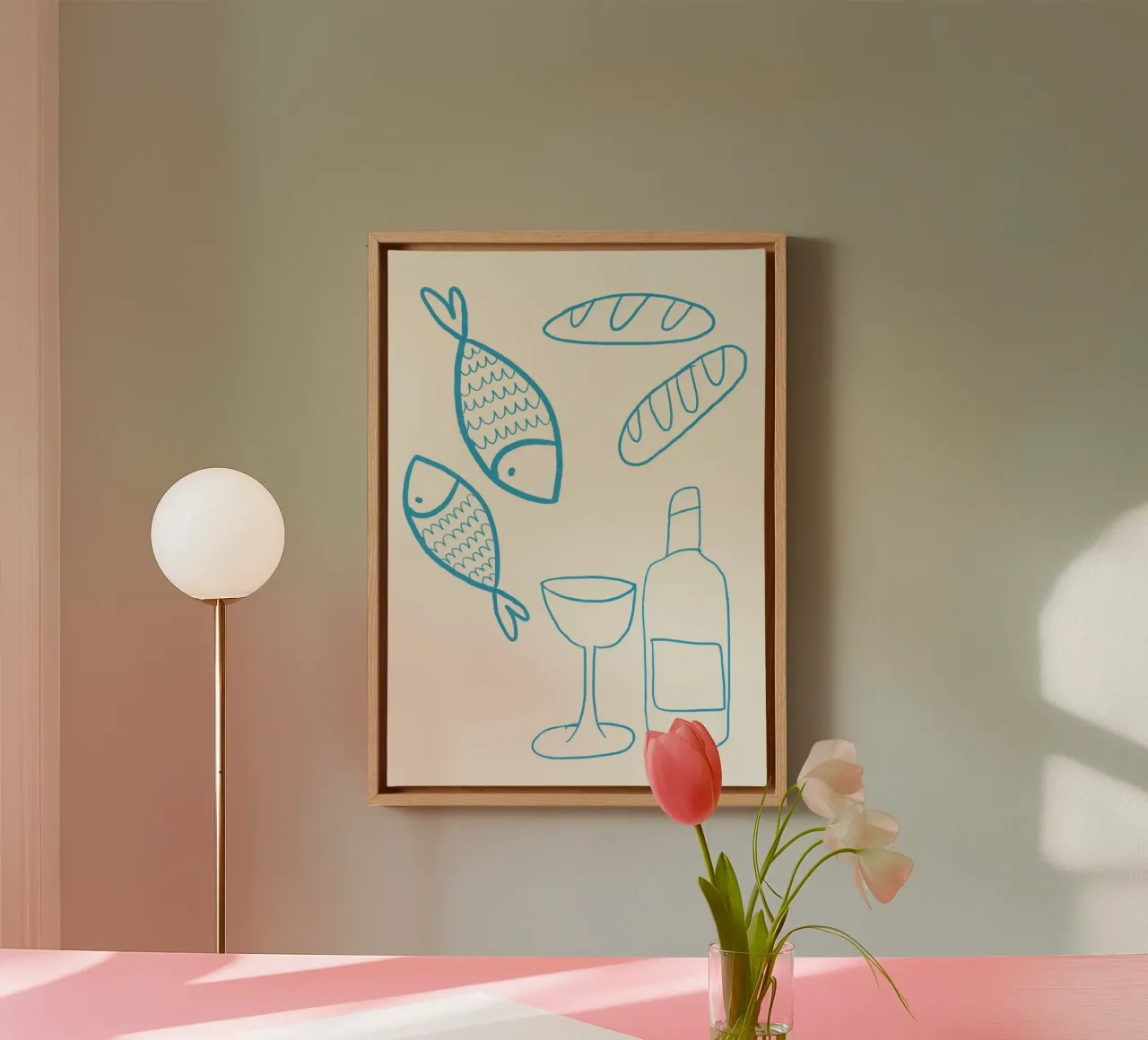 Bread, Fish, and Wine, Christian Symbols Art canvas with Floater frame by vintagepod