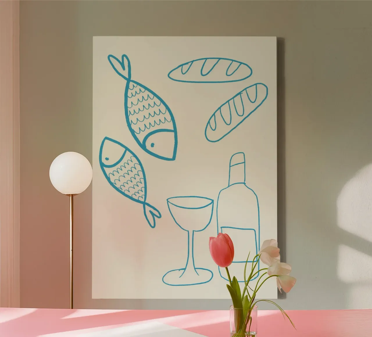 Bread, Fish, and Wine, Christian Symbols Art canvas with Floater frame by vintagepod