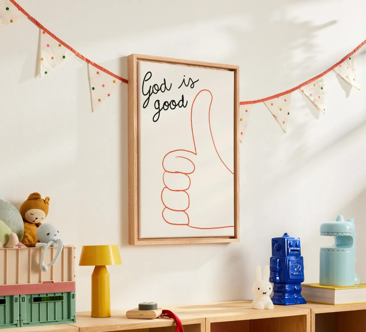 God is goed, duimen omhoog Christelijke kunstdruk canvas met Baklijst van vintagepod